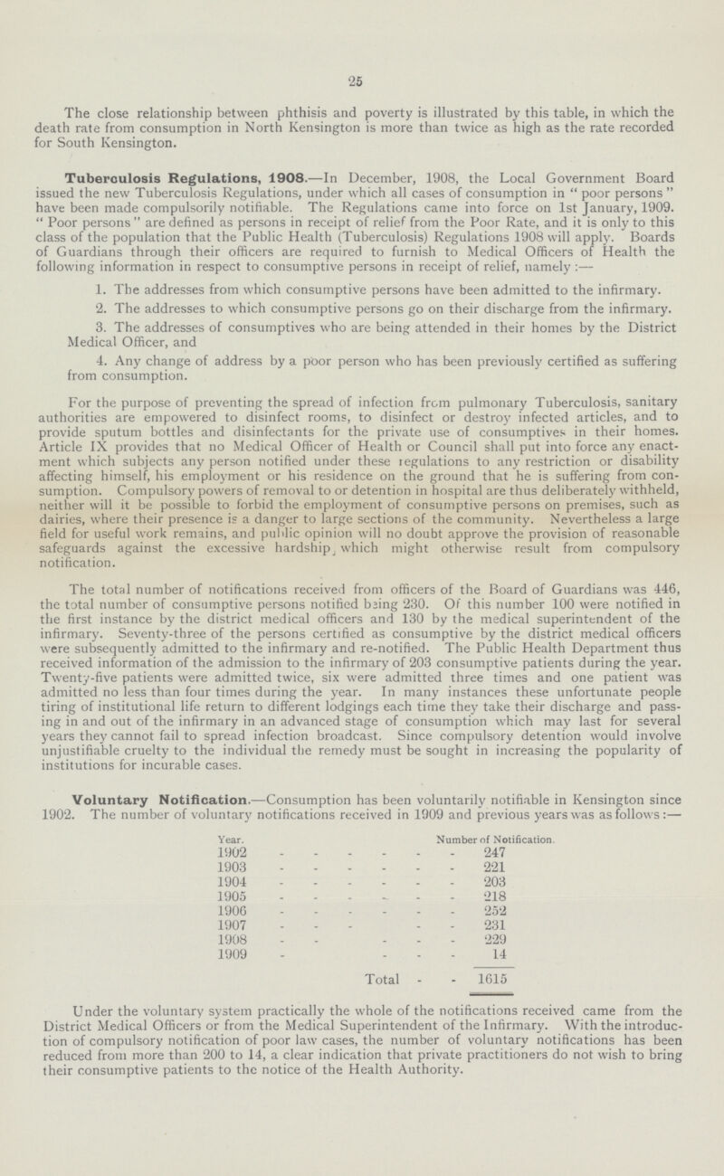 25 The close relationship between phthisis and poverty is illustrated by this table, in which the death rate from consumption in North Kensington is more than twice as high as the rate recorded for South Kensington. Tuberculosis Regulations, 1908.—In December, 1908, the Local Government Board issued the new Tuberculosis Regulations, under which all cases of consumption in  poor persons  have been made compulsorily notifiable. The Regulations came into force on 1st January, 1909.  Poor persons  are defined as persons in receipt of relief from the Poor Rate, and it is only to this class of the population that the Public Health (Tuberculosis) Regulations 1908 will apply. Boards of Guardians through their officers are required to furnish to Medical Officers of Health the following information in respect to consumptive persons in receipt of relief, namely:— 1. The addresses from which consumptive persons have been admitted to the infirmary. 2. The addresses to which consumptive persons go on their discharge from the infirmary. 3. The addresses of consumptives who are being attended in their homes by the District Medical Officer, and 4. Any change of address by a poor person who has been previously certified as suffering from consumption. For the purpose of preventing the spread of infection from pulmonary Tuberculosis, sanitary authorities are empowered to disinfect rooms, to disinfect or destroy infected articles, and to provide sputum bottles and disinfectants for the private use of consumptives in their homes. Article IX provides that no Medical Officer of Health or Council shall put into force any enact ment which subjects any person notified under these regulations to any restriction or disability affecting himself, his employment or his residence on the ground that he is suffering from con sumption. Compulsory powers of removal to or detention in hospital are thus deliberately withheld, neither will it be possible to forbid the employment of consumptive persons on premises, such as dairies, where their presence is a danger to large sections of the community. Nevertheless a large field for useful work remains, and public opinion will no doubt approve the provision of reasonable safeguards against the excessive hardship. which might otherwise result from compulsory notification. The total number of notifications received from officers of the Board of Guardians was 446, the total number of consumptive persons notified being 230. Of this number 100 were notified in the first instance by the district medical officers and 130 by the medical superintendent of the infirmary. Seventy-three of the persons certified as consumptive by the district medical officers were subsequently admitted to the infirmary and re-notified. The Public Health Department thus received information of the admission to the infirmary of 203 consumptive patients during the year. Twenty-five patients were admitted twice, six were admitted three times and one patient was admitted no less than four times during the year. In many instances these unfortunate people tiring of institutional life return to different lodgings each time they take their discharge and pass ing in and out of the infirmary in an advanced stage of consumption which may last for several years they cannot fail to spread infection broadcast. Since compulsory detention would involve unjustifiable cruelty to the individual the remedy must be sought in increasing the popularity of institutions for incurable cases. Voluntary Notification.—Consumption has been voluntarily notifiable in Kensington since 1902. The number of voluntary notifications received in 1909 and previous years was as follows:— Year. Number of Notification. 1902 247 1903 221 1904 203 1905 218 1906 252 1907 231 1908 229 1909 14 Total 1615 Under the voluntary system practically the whole of the notifications received came from the District Medical Officers or from the Medical Superintendent of the Infirmary. With the introduc tion of compulsory notification of poor law cases, the number of voluntary notifications has been reduced from more than 200 to 14, a clear indication that private practitioners do not wish to bring their consumptive patients to the notice of the Health Authority.