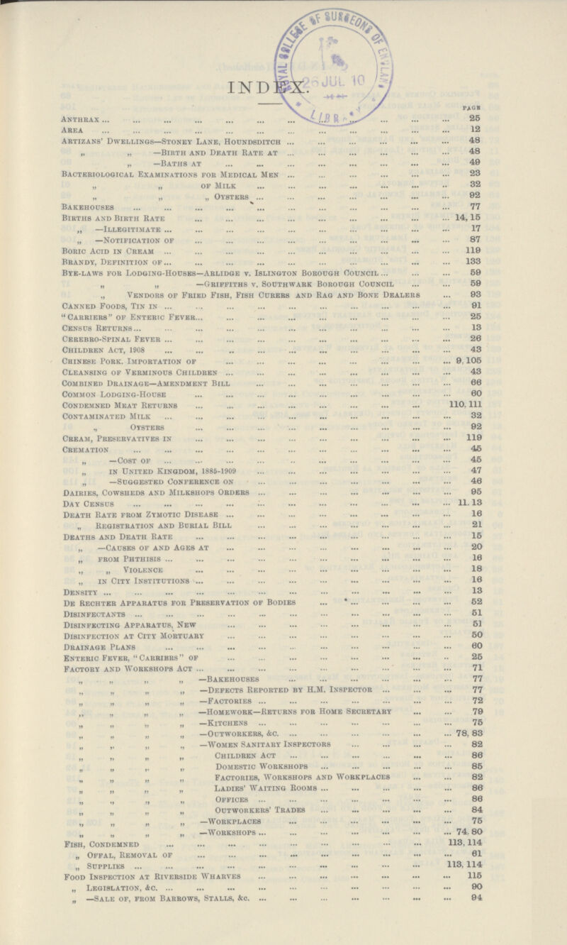 INDEX PAGE Anthrax 25 Area 12 Artizans' Dwellings—Stoney Lane, Houndsditch 48 i. „ —Birth and Death Rate at 48 ,, —Baths at 49 Bacteriological Examinations for Medical Men 23 „ „ of Milk 32 „ „ „ Oysters 92 Bakehouses 77 Births and Birth Rate 14,15 „ —illegitimate 17 „ —Notification of 87 Boric Acid in Cream 119 Brandy, Definition of 133 Bye-laws for Lodging-houses—Arlidge v. Islington Borough Council 59 „ „ —Griffiths v. Southwark Borough Council 59 „ Vendors of Fried Fish, Fish Curers and Rag and Bone Dealers 93 Canned Foods, Tin in 91 Carriers of Enteric Fever 25 Census Returns 13 cerebro-Spinal Fever 28 Children Act, 1908 43 Chinese Pork. Importation of 9,105 Cleansing of Verminous Children 43 Combined Drainage—Amendment Bill 86 Common Lodging-House 80 Condemned Meat Returns 110, 111 Contaminated Milk 32 „ Oysters 92 Cream, Preservatives in 119 Cremation 45 „ —Cost of 45 „ in United Kingdom, 1886-1909 47 „ —Suggested Conference on 48 Dairies, Cowsheds and Milkshops Orders 95 Day Census 11.13 Death Rate from Zymotic Disease 18 „ Registration and Burial Bill 21 Deaths and Death Rate 15 „ —Causes of and Ages at 20 „ from Phthisis 18 „ „ Violence 18 „ in City Institutions 18 Density 13 De Rechter Apparatus for Preservation of Bodies 52 Disinfectants 51 Disinfecting Apparatus, New 51 Disinfection at City Mortuary 50 Drainage Plans 60 Enteric Fever, Carriers of 25 Factory and Workshops Act 71 „ „ „ „ —Bakehouses 77 „ „ „ „ —Defects Reported by H.M. Inspector 77 „ „ „ „ —Factories 72 „ „ „ „ —Homework—Returns for Home 79 ,, -Kitchens 75 „ „ „ „ —Outworkers, &c. 78,83 „ ,, „ „ —Women Sanitary Inspectors 82 „ „ „ „ Children Act 88 „ „ ,, „ Domestic Workshops 85 „ „ „ „ Factories, Workshops and Workplaces 82 „ „ „ „ Ladies' Waiting Rooms 86 „ „ „ „ Offices 86 „ „ „ „ Outworkers' Trades 84 „ „ „ „ —Workplaces 75 „ „ „ „ —Workshops 74, 80 Fish, Condemned 113,114 „ Offal, Removal of 61 „ Supplies 113,114 Food Inspection at Riverside Wharves1 15 „ Legislation, &c. 90 „ —Sale of, from Barrows, Stalls, &c 94