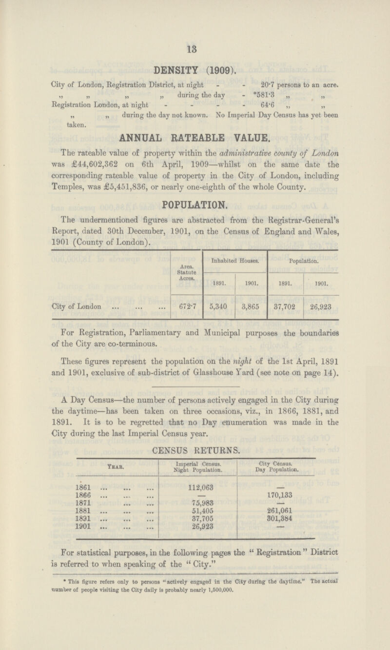 13 DENSITY (1909). City of London, Registration District, at night 20 7 persons to an acre. „ „ „ „ during the day *581*3 „ „ Registration London, at night 64*6 „ „ „ „ during the day not known. No Imperial Day Census has yet been taken. ANNUAL RATEABLE VALUE. The rateable value of property within the administrative county of London was £44,602,362 on 6th April, 1909—whilst on the same date the corresponding rateable value o£ property in the City of London, including Temples, was £5,451,836, or nearly one-eighth of the whole County. The undermentioned figures are abstracted from the Registrar-General's Report, dated 30th December, 1901, on the Census of England and Wales, 1901 (County of London). Area. Statute Acres. Inhabited Houses. Population. 1891. 1901. 1891. 1901. City of London 672-7 5,340 3,865 37,702 26,923 For Registration, Parliamentary and Municipal purposes the boundaries of the City are co-terminous. These figures represent the population on the night of the 1st April, 1891 and 1901, exclusive of sub-district of Glasshouse Yard (see note on page 14). A Day Census—the number of persons actively engaged in the City during the daytime—has been taken on three occasions, viz., in 1866, 1881, and 1891. It is to be regretted that no Day enumeration was made in the City during the last Imperial Census year. CENSUS RETURNS. Year. Imperial Census. Night Population. City Census. Day Population. 1861 112,063 1866 — 170,133 1871 75,983 —— 1881 51,405 261,061 1831 37,705 301,384 1901 26,923 For statistical purposes, in the following pages the Registration District is referred to when speaking of the  City. * This figure refers only to persons actively engaged in the City during the daytime. The actual number of people visiting the City daily is probably nearly 1,500,000.