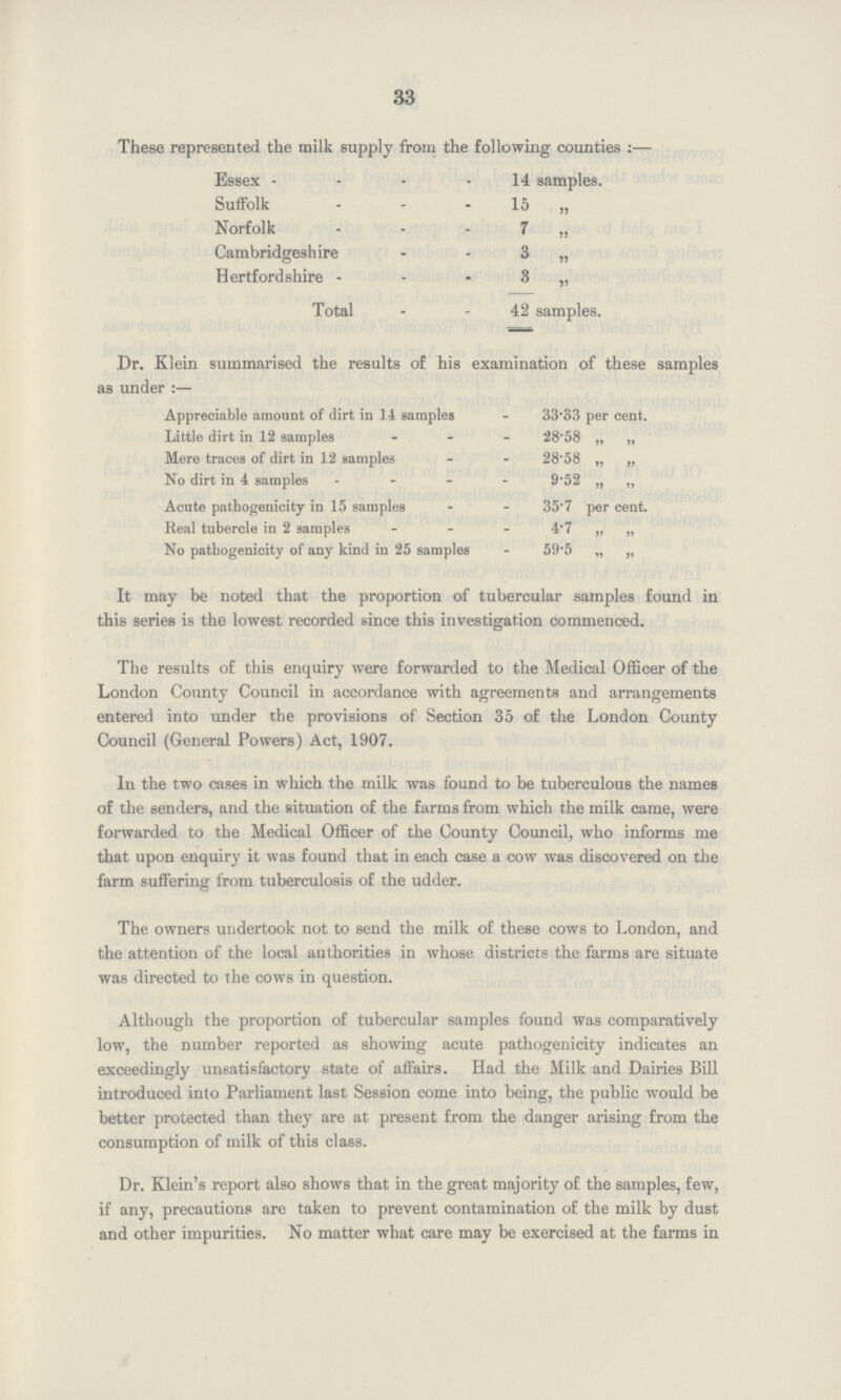 33 These represented the milk supply from the following counties:— Essex 14 samples. Suffolk 15 „ Norfolk 7 „ Cambridgeshire 3 „ Hertfordshire 3 „ Total 42 samples. Dr. Klein summarised the results of his examination of these samples as under:— Appreciable amount of dirt in 14 samples 33.33 per cent. Little dirt in 12 samples 28.58 „ „ Mere traces of dirt in 12 samples 28.58 „ „ No dirt in 4 samples 9.52 „ „ Acute pathogenicity in 15 samples 35.7 per cent. Real tubercle in 2 samples 4.7 „ „ No pathogenicity of any kind in 25 samples 59.5 „ „ It may be noted that the proportion of tubercular samples found in this series is the lowest recorded since this investigation commenced. The results of this enquiry were forwarded to the Medical Officer of the London County Council in accordance with agreements and arrangements entered into under the provisions of Section 35 of the London County Council (General Powers) Act, 1907. In the two cases in which the milk was found to be tuberculous the names of the senders, and the situation of the farms from which the milk came, were forwarded to the Medical Officer of the County Council, who informs me that upon enquiry it was found that in each case a cow was discovered on the farm suffering from tuberculosis of the udder. The owners undertook not to send the milk of these cows to London, and the attention of the local authorities in whose districts the farms are situate was directed to the cows in question. Although the proportion of tubercular samples found was comparatively low, the number reported as showing acute pathogenicity indicates an exceedingly unsatisfactory state of affairs. Had the Milk and Dairies Bill introduced into Parliament last Session come into being, the public would be better protected than they are at present from the danger arising from the consumption of milk of this class. Dr. Klein's report also shows that in the great majority of the samples, few, if any, precautions are taken to prevent contamination of the milk by dust and other impurities. No matter what care may be exercised at the farms in