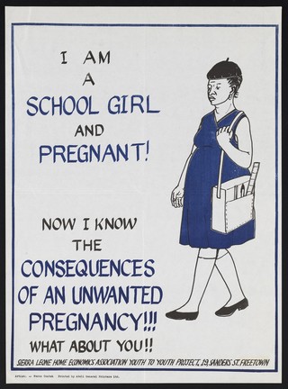 A pregnant schoolgirl from Sierra Leone. Colour lithograph by Sierra Leone Home Economics Association Youth to Youth Project, ca. 2000.