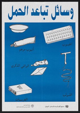 Various contraceptive methods: family planning in Sudan. Colour lithograph by Ahfad Reproductive Health Center, ca. 1999.