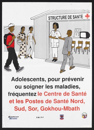 A health worker inviting two young men and two young women into a Senegal health center. Colour lithograph by Senegal Service National de la Sante Reproductive, ca. 2000.