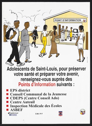 A group of young people going into an information health centre in Senegal. Colour lithograph by Senegal Service National de la Sante Reproductive, ca. 2000.