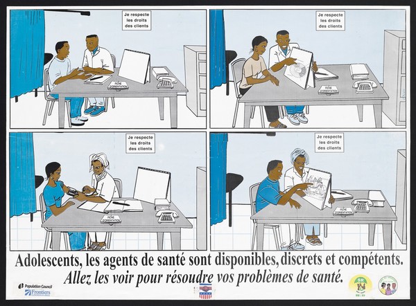 Four scenes involving health workers advising young men and women in Senegal. Colour lithograph by Senegal Service National de la Sante Reproductive, ca. 2002.