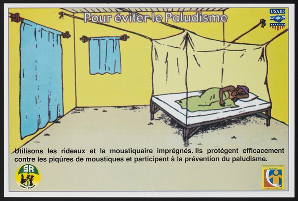 A woman and her child lie beneath a mosquito net: preventing malaria in Senegal. Colour lithograph by DNSR (?), ca. 2000.