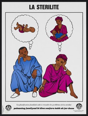 A couple dream of having a baby: infertility problems in Senegal. Colour lithograph, ca. 2000.