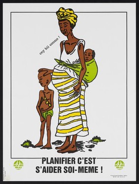 A pregnant woman carrying a baby on her back with another beside her: family planning in Senegal. Colour lithograph by Projet Santé Familiale Senega, ca. 2000.