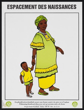 A happy mother with her one child: family planning in Senegal. Colour lithograph by Projet Santé Familiale Senega, ca. 2000.