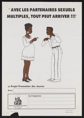 A pregnant woman points at a young man who appears shocked: Youth Development Project in Senegal. Colour lithograph by Ministère de la Jeunesse et des Sports, ca. 2000.