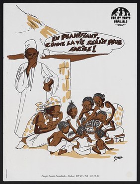 A man stands behind his wife and 8 children who eat from a large bowl on the floor: family planning in Senegal. Colour lithograph by Projet Santé Familiale Senegal, ca. 2000.