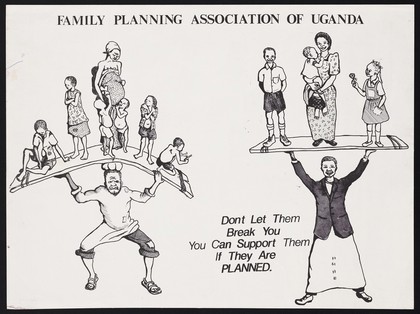 A deprived large family compared to a small happy family of five: family planning in Senegal. Colour lithograph by Family Planning Association of Uganda, ca. 2000.