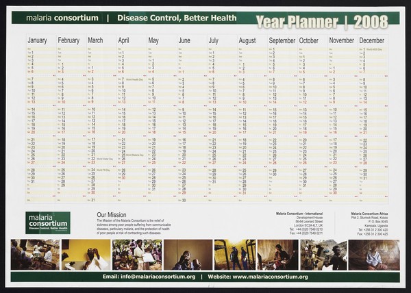 Year planner by the Malaria Consortium for 2008. Colour lithograph, 2008.