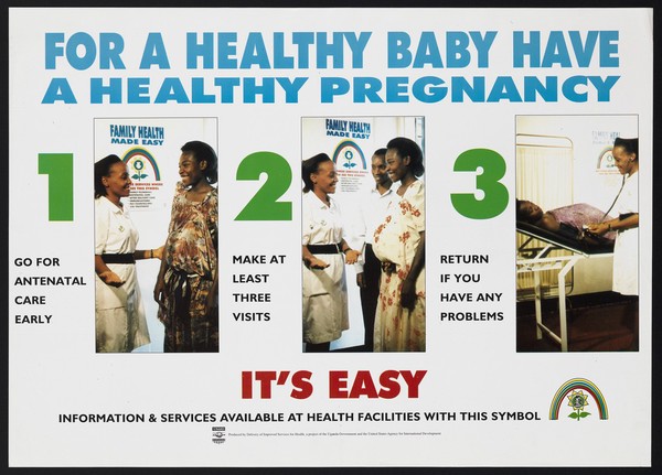 A pregnant woman visiting the clinic at different stages of her pregnancy: reducing risks of child birth in Uganda. Colour lithograph by Delivery of Improved Services for Health II, 2001.