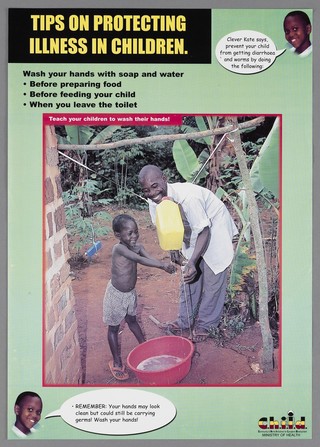 A father assists a boy who washes his hands from a container of water hanging from a branch: preventing illness in children in Uganda. Colour lithograph by Ministry of Health, 2002.