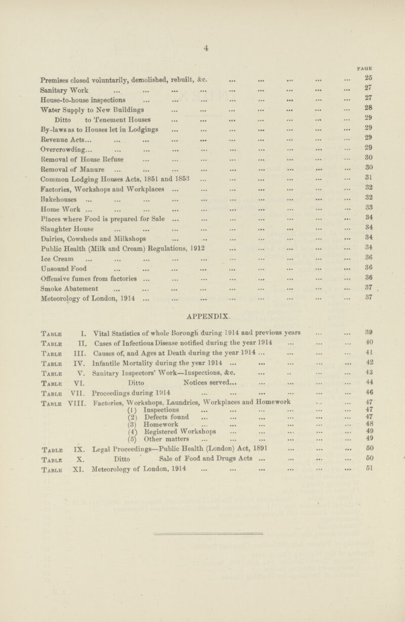 4 page Premises closed voluntarily, demolished, rebuilt, &c. 25 Sanitary Work 27 House-to-house inspections 27 Water Supply to New Buildings 28 Ditto to Tenement Houses 29 By-laws as to Houses let in Lodgings 29 Revenue Acts 29 Overcrowding 29 Removal of House Refuse 30 Removal of Manure 30 Common Lodging Houses Acts, 1851 and 1853 31 Factories, Workshops and Workplaces 32 Bakehouses 32 Home Work 33 Places where Food is prepared for Sale 34 Slaughter House 34 Dairies, Cowsheds and Milkshops 34 Public Health (Milk and Cream) Regulations, 1912 34 Ice Cream 36 Unsound Food 36 Offensive fumes from factories 36 Smoke Abatement 37 Meteorology of London, 1914 37 APPENDIX. Table: I. Vital Statistics of whole Borough during 1914 and previous years 39 Table II. Cases of Infectious Disease notified during the year 1914 40 Table III. Causes of, and Ages at Death during the year 1914 41 Table IV. Infantile Mortality during the year 1914 42 Table V. Sanitary Inspectors' Work—Inspections, &c.43 Table VI. Ditto Notices served 44 Table VII. Proceedings during 1914 46 Table VIII. Factories, Workshops, Laundries, Workplaces and Homework 47 (1) Inspections 47 (2) Defects found 47 (3) Homework 48 (4) Registered Workshops 49 (5) Other matters 49 Table IX. Legal Proceedings—Public Health (London) Act, 1891 50 Table X. Ditto Sale of Food and Drugs Acts 50 Table XI. Meteorology of London, 1914 51
