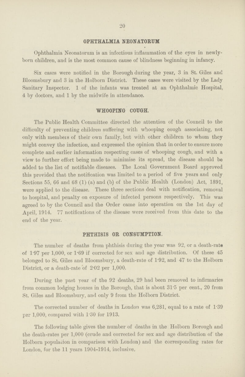 20 OPHTHALMIA NEONATORUM Ophthalmia Neonatorum is an infectious inflammation of the eyes in newly born children, and is the most common cause of blindness beginning in infancy. Six cases were notified in the Borough during the year, 3 in St. Giles and Bloomsbury and 3 in the Holborn District. These cases were visited by the Lady Sanitary Inspector. 1 of the infants was treated at an Ophthalmic Hospital, 4 by doctors, and 1 by the midwife in attendance. WHOOPING COUGH. The Public Health Committee directed the attention of the Council to the difficulty of preventing children suffering with whooping cough associating, not only with members of their own family, but with other children to whom they might convey the infection, and expressed the opinion that in order to ensure more complete and earlier information respecting cases of whooping cough, and with a view to further effort being made to minimise its spread, the disease should be added to the list of notifiable diseases. The Local Government Board approved this provided that the notification was limited to a period of five years and only Sections 55, 66 and 68 (1) (a) and (b) of the Public Health (London) Act, 1891, were applied to the disease. These three sections deal with notification, removal to hospital, and penalty on exposure of infected persons respectively. This was agreed to by the Council and the Order came into operation on the 1st day of April, 1914. 77 notifications of the disease were received from this date to the end of the year. PHTHISIS OR CONSUMPTION. The number of deaths from phthisis during the year was 92, or a death-rate of 1.97 per 1,000, or 1.69 if corrected for sex and age distribution. Of these 45 belonged to St. Giles and Bloomsbury, a death-rate of 1.92, and 47 to the Holborn District, or a death-rate of 2.02 per 1,000. During the past year of the 92 deaths, 29 had been removed to infirmaries from common lodging houses in the Borough, that is about 31.5 per cent., 20 from St. Giles and Bloomsbury, and only 9 from the Holborn District. The corrected number of deaths in London was 6,281, equal to a rate of 1.39 per 1,000, compared with l.30 for 1913. The following table gives the number of deaths in the Holborn Borough and the death-rates per 1,000 (crude and corrected for sex and age distribution of the Holborn population in comparison with London) and the corresponding rates for London, for the 11 years 1904-1914, inclusive.