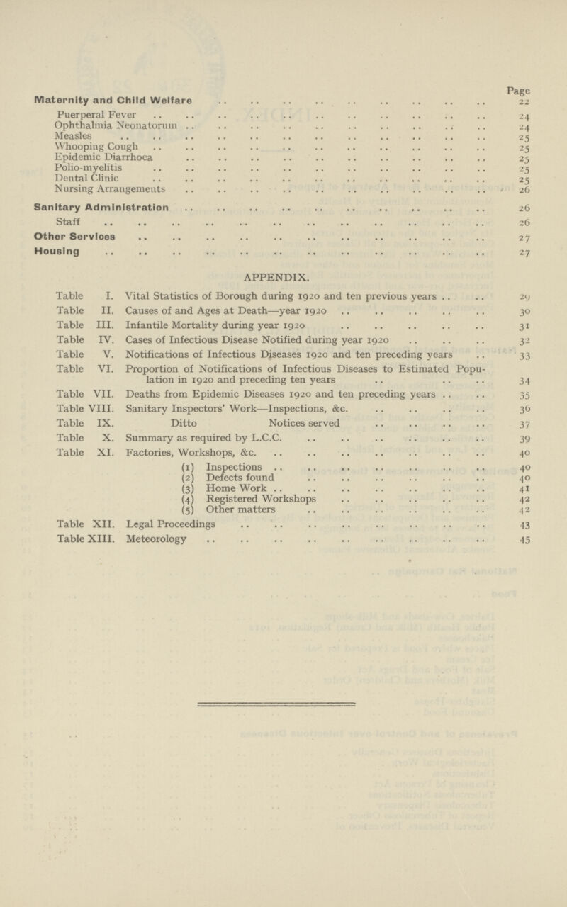 Page Maternity and Child Welfare 22 Puerperal Fever 24 Ophthalmia Neonatorum 24 Measles 25 Whooping Cough 25 Epidemic Diarrhœa 25 Polio-myelitis 25 Dental Clinic 25 Nursing Arrangements 26 Sanitary Administration 26 Staff 26 Other Services 27 Housing 27 APPENDIX. Table I. Vital Statistics of Borough during 1920 and ten previous years 29 Table II. Causes of and Ages at Death—year 1920 30 Table III. Infantile Mortality during year 1920 31 Table IV. Cases of Infectious Disease Notified during year 1920 32 Table V. Notifications of Infectious Diseases 1920 and ten preceding years 33 Table VI. Proportion of Notifications of Infectious Diseases to Estimated Popu lation in 1920 and preceding ten years 34 Table VII. Deaths from Epidemic Diseases 1920 and ten preceding years 35 Table VIII. Sanitary Inspectors' Work—Inspections, &c. 36 Table IX. Ditto Notices served 37 Table X. Summary as required by L.C.C. 39 Table XI. Factories, Workshops, &c. 40 (1) Inspections 40 (2) Defects found 40 (3) HomeWork 41 (4) Registered Workshops 42 (5) Other matters 42 Table XII. Legal Proceedings 43 Table XIII. Meteorology 45