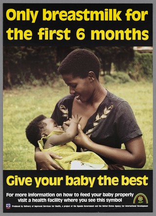 A mother breastfeeding her baby in Uganda. Colour lithograph by Delivery of Improved Services for Health in Uganda, 1999.