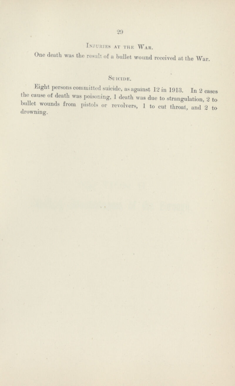 29 Injuries at the War. One death was the result of a bullet wound reeeived at the War. Suicide. Eight persons committed suicide, as against 12 in 1913. In 2 cases the cause of death was poisoning, 1 death was due to strangulation, 2 to bullet wounds from pistols or revolvers, 1 to cut throat, and 2 to drowning.