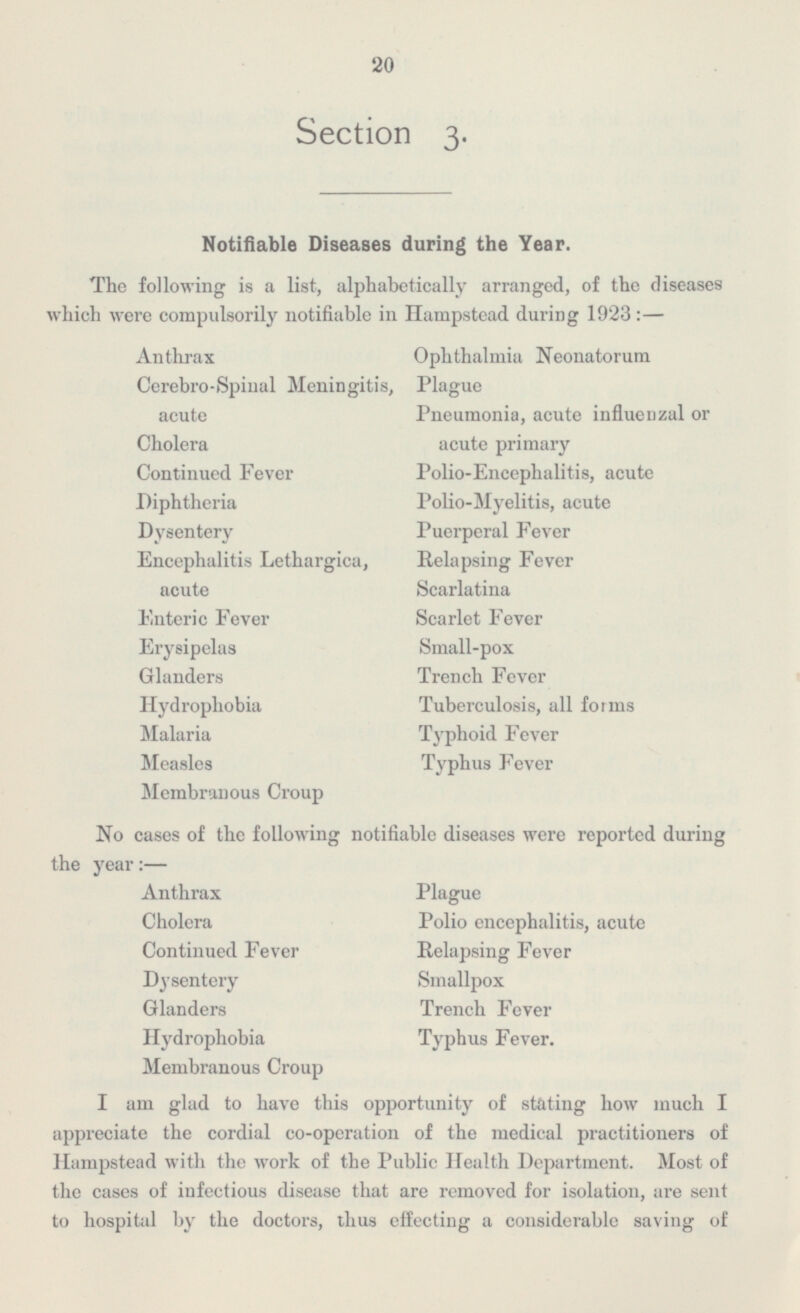 20 Section 3. Notifiable Diseases during the Year. The following is a list, alphabetically arranged, of the diseases which were compulsorily notifiable in Hampstead during 1923:— Ophthalmia Neonatorum Anthrax Cerebro-spinal Meningitis, acute Plague Pneumonia, acute influenzal or acute primary Cholera Continued Fever Polio-Encephalitis, acute Polio-Myelitis, acute Diphtheria Dysentery Puerperal Fever Relapsing Fever Scarlatina Encephalitis Lethargica, acute Enteric Fever Scarlet Fever Small-pox Erysipelas Glanders Trench Fever Hydrophobia Tuberculosis, all forms Typhoid Fever Malaria Measles Typhus Fever Membranous Croup No cases of the following notifiable diseases were reported during the year:— Anthrax Plague Cholera Polio encephalitis, acute Continued Fever Relapsing Fever Dysentery Smallpox Glanders Trench Fever Hydrophobia Typhus Fever. Membranous Croup I am glad to have this opportunity of stating how much I appreciate the cordial co-operation of the medical practitioners of Hampstead with the work of the Public Health Department. Most of the cases of infectious disease that are removed for isolation, are sent to hospital by the doctors, thus effecting a considerable saving of