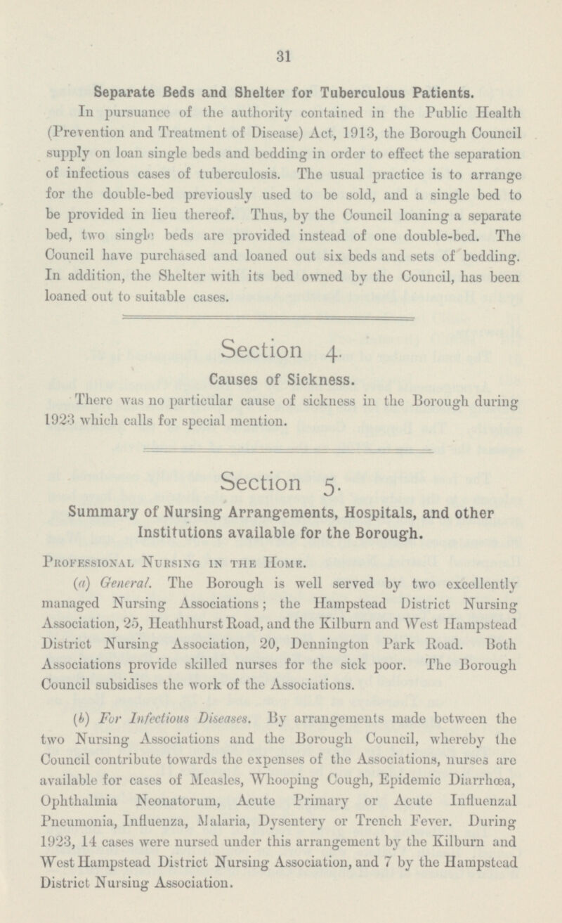 31 Separate Beds and Shelter for Tuberculous Patients. In pursuance of the authority contained in the Public Health (Prevention and Treatment of Disease) Act, 1913, the Borough Council supply on loan single beds and bedding in order to effect the separation of infectious cases of tuberculosis. The usual practice is to arrange for the double-bed previously used to be sold, and a single bed to be provided in lieu thereof. Thus, by the Council loaning a separate bed, two single beds are provided instead of one double-bed. The Council have purchased and loaned out six beds and sets of bedding. In addition, the Shelter with its bed owned by the Council, has been loaned out to suitable cases. Section 4. Causes of Sickness. There was no particular cause of sickness in the Borough during 1923 which calls for special mention. Section 5. Summary of Nursing Arrangements, Hospitals, and other Institutions available for the Borough. Professional Nursing in the Home (a) General. The Borough is well served by two excellently managed Nursing Associations; the Hampstead District Nursing Association, 25, Heathhurst Road, and the Kilburn and West Hampstead District Nursing Association, 20, Dennington Park Road. Both Associations provide skilled nurses for the sick poor. The Borough Council subsidises the work of the Associations. (b) For Infectious Diseases. By arrangements made between the two Nursing Associations and the Borough Council, whereby the Council contribute towards the expenses of the Associations, nurses are available for cases of Measles, Whooping Cough, Epidemic Diarrhœa, Ophthalmia Neonatorum, Acute Primary or Acute Influenzal Pneumonia, Influenza, Malaria, Dysentery or Trench Fever. During 1923, 14 cases were nursed under this arrangement by the Kilburn and West Hampstead District Nursing Association, and 7 by the Hampstead District Nursing Association.