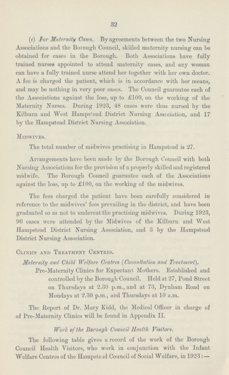 32 (c) For Maternity Cases. By agreements between the two Nursing Associations and the Borough Council, skilled maternity nursing can be obtained for cases in the Borough. Both Associations have fully trained nurses appointed to attend maternity cases, and any woman can have a fully trained nurse attend her together with her own doctor. A fee is charged the patient, which is in accordance with her means, and may be nothing in very poor cases. The Council guarantee each of the Associations against the loss, up to £100, on the working of the Maternity Nurses. During 1923, 48 cases were thus nursed by the Kilburn and West Hampstead District Nursing Association, and 17 by the Hampstead District Nursing Association. Midwives. The total number of midwives practising in Hampstead is 27. Arrangements have been made by the Borough Council with both Nursing Associations for the provision of a properly skilled and registered midwife. The Borough Council guarantee each of the Associations against the loss, up to £100, on the working of the midwives. The fees charged the patient have been carefully considered in reference to the midwives' fees prevailing in the district, and have been graduated so as not to undercut the practising midwives. During 1923, 96 cases were attended by the Midwives of the Kilburn and West Hampstead District Nursing Association, and 3 by the Hampstead District Nursing Association. Clinics and Treatment Centres. Maternity and Child Welfare Centres (Consultation and Treatment). Pre-Maternity Clinics for Expectant Mothers. Established and controlled by the Borough Council. Held at 27, Pond Street on Thursdays at 2.30 p.m., and at 73, Dynham Road on Mondays at 2.30 p.m., and Thursdays at 10 a.m. The Report of Dr. Mary Kidd, the Medical Officer in charge of of Pre-Maternity Clinics will be found in Appendix II. Work of the Borough Council Health Visitors. The following table gives a record of the work of the Borough Council Health Visitors, who work in conjunction with the Infant Welfare Centres of the Hampstead id Council of Social Welfare, in 1923: —