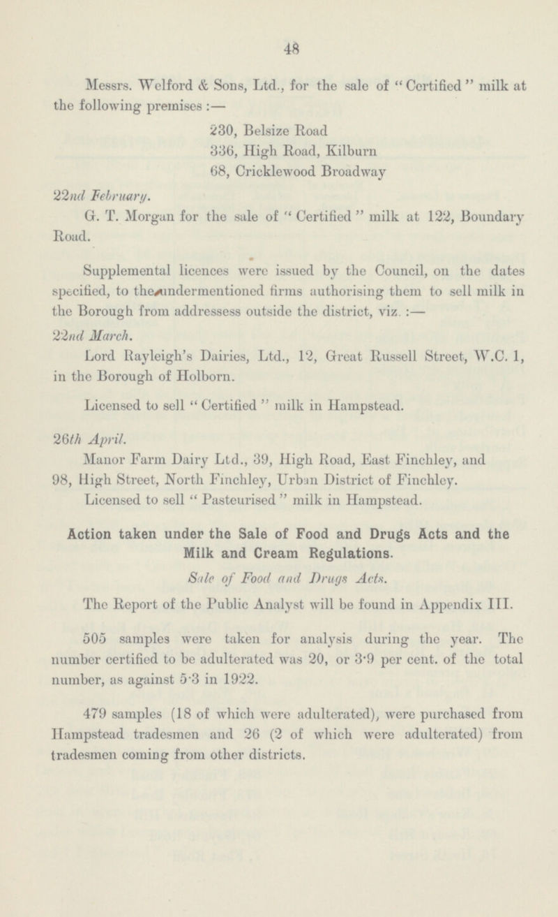 48 Messrs. Welford & Sons, Ltd., for the sale of Certified milk at the following premises:— 230, Belsize Road 336, High Road, Kilburn 68, Cricklewood Broadway 22nd February. G. T. Morgan for the sale of Certified milk at 122, Boundary Road. Supplemental licences were issued by the Council, on the dates specified, to the undermentioned firms authorising them to sell milk in the Borough from addressess outside the district, viz.: — 22nd March. Lord Rayleigh's Dairies, Ltd., 12, Great Russell Street, W.C. 1, in the Borough of Holborn. Licensed to sell Certified milk in Hampstead. 26th April. Manor Farm Dairy Ltd., 39, High Road, East Finchley, and 98, High Street, North Finchley, Urban District of Finchley. Licensed to sell Pasteurised milk in Hampstead. Action taken under the Sale of Food and Drugs Acts and the Milk and Cream Regulations. Sale of Food and Drugs Acts. The Report of the Public Analyst will be found in Appendix III. 505 samples were taken for analysis during the year. The number certified to be adulterated was 20, or 3.9 per cent, of the total number, as against 5.3 in 1922. 479 samples (18 of which were adulterated), were purchased from Hampstead tradesmen and 26 (2 of which were adulterated) from tradesmen coming from other districts.