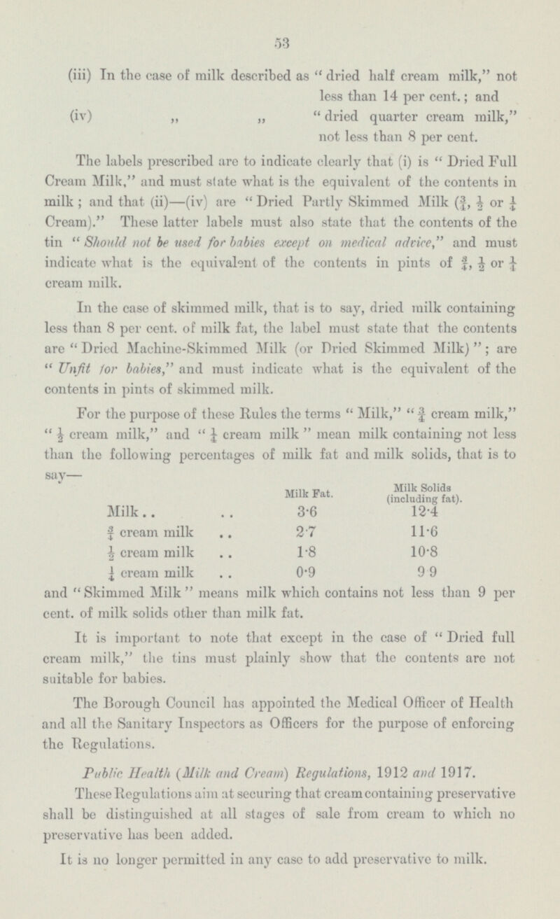53 (iii) In the case of milk described as dried half cream milk, not less than 14 per cent.; and (iv) „ „ dried quarter cream milk, not less than 8 per cent. The labels prescribed are to indicate clearly that (i) is Dried Full Cream Milk, and must state what is the equivalent of the contents in milk; and that (ii) —(iv) are Dried Partly Skimmed Milk (¾,½ or ¼ Cream). These latter labels must also state that the contents of the tin Should not be used for babies except on medical advice, and must indicate what is the equivalent of the contents in pints of ¾,½ or ¼ cream milk. In the case of skimmed milk, that is to say, dried milk containing less than 8 per cent, of milk fat, the label must state that the contents are Dried Machine-Skimmed Milk (or Dried Skimmed Milk); are Unfit for babies, and must indicate what is the equivalent of the contents in pints of skimmed milk. For the purpose of these Rules the terms Milk, ¾ cream milk, ½ cream milk, and ¼ cream milk mean milk containing not less than the following percentages of milk fat and milk solids, that is to say— Milk Fat. Milk Solids (including fat). Milk 3.6 12.4 ¾ cream milk 2.7 11.6 ½ cream milk 1.8 10.8 ¼ cream milk 0.9 9.9 and Skimmed Milk means milk which contains not less than 9 per cent. of milk solids other than milk fat. It is important to note that except in the case of Dried full cream milk, the tins must plainly show that the contents are not suitable for babies. The Borough Council has appointed the Medical Officer of Health and all the Sanitary Inspectors as Officers for the purpose of enforcing the Regulations. Public Health (Milk and Cream) Regulations, 1912 and 1917. These Regulations aim at securing that cream containing preservative shall be distinguished at all stages of sale from cream to which no preservative has been added. It is no longer permitted in any case to add preservative to milk.