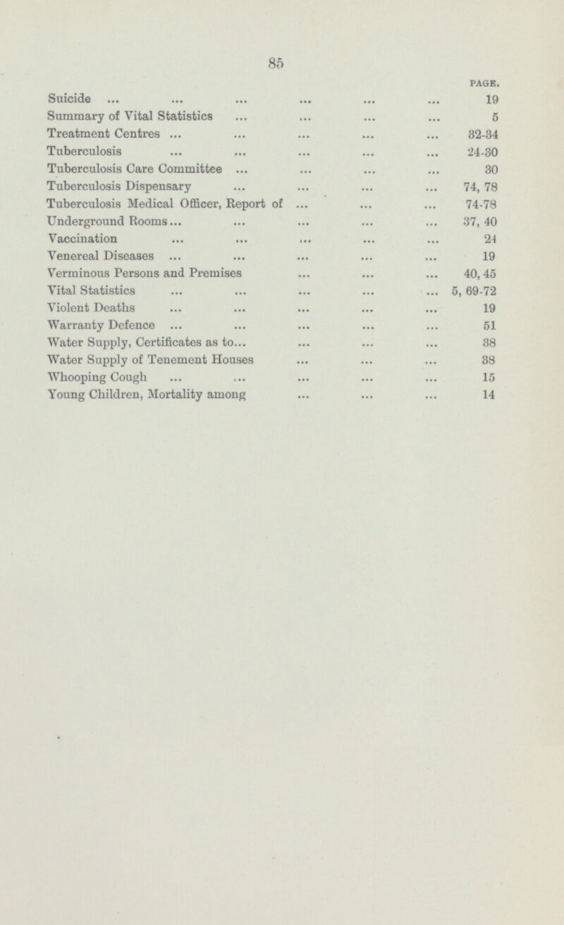85 PAGE. Suicide 19 Summary of Vital Statistics 5 Treatment Centres 32-34 Tuberculosis 24-30 Tuberculosis Care Committee 30 Tuberculosis Dispensary 74,78 Tuberculosis Medical Officer, Report of 74-78 Underground Rooms 37,40 Vaccination 24 Venereal Diseases 19 Verminous Persons and Premises 40,45 Vital Statistics 5, 69-72 Violent Deaths 19 Warranty Defence 51 Water Supply, Certificates as to 38 Water Supply of Tenement Houses 38 Whooping Cough 15 Young Children, Mortality among 14