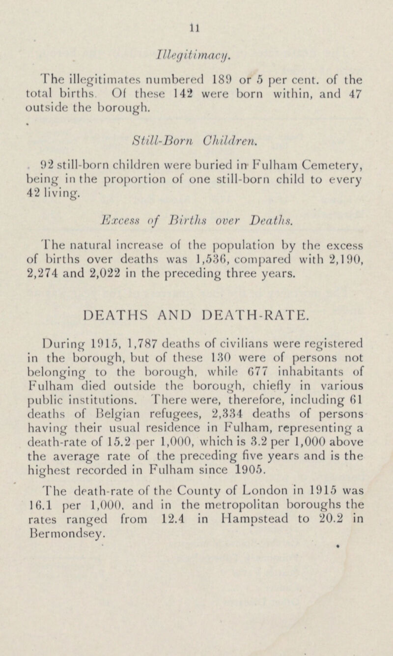 11 Illegitimacy. The illegitimates numbered 189 or 5 per cent. of the total births. Of these 142 were born within, and 47 outside the borough. Still-Born Children. 92 still-born children were buried in Fulham Cemetery, being in the proportion of one still-born child to every 42 living. Excess of Births over Deaths. The natural increase of the population by the excess of births over deaths was 1,536, compared with 2,190, 2,274 and 2,022 in the preceding three years. DEATHS AND DEATH-RATE. During 1915, 1,787 deaths of civilians were registered in the borough, but of these 130 were of persons not belonging to the borough, while G77 inhabitants of Fulham died outside the borough, chiefly in various public institutions. There were, therefore, including 61 deaths of Belgian refugees, 2,334 deaths of persons having their usual residence in Fulham, representing a death-rate of 15.2 per 1,000, which is 3.2 per 1,000 above the average rate of the preceding five years and is the highest recorded in Fulham since 1905. The death-rate of the County of London in 1915 was 16.1 per 1,000. and in the metropolitan boroughs the rates ranged from 12.4 in Hampstead to 20.2 in Bermondsey.