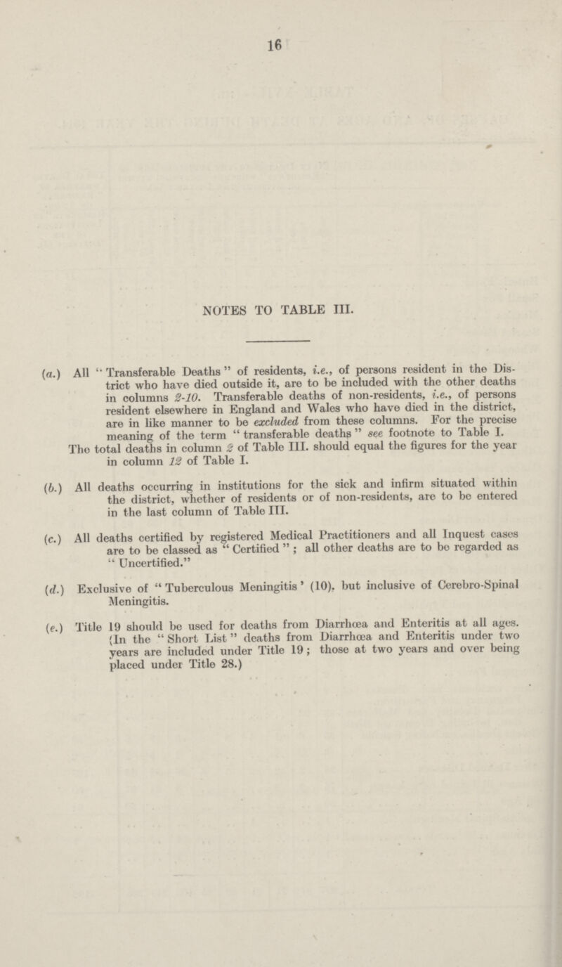 16 NOTES TO TABLE III. (a.) All Transferable Deaths of residents, i.e., of persons resident in the Dis trict who have died outside it, are to be included with the other deaths in columns 2-10. Transferable deaths of non-residents, i.e., of persons resident elsewhere in England and Wales who have died in the district, are in like manner to be excluded from these columns. For the precise meaning of the term  transferable deaths  see footnote to Table I. Tho total deaths in column 2 of Table III. should equal the figures for the year in column 12 of Table I. (b.) All deaths occurring in institutions for the sick and infirm situated within the district, whether of residents or of non-residents, are to be entered in the last column of Table III. (c.) All deaths certified by registered Medical Practitioners and all Inquest cases are to be classed as Certified ; all other deaths are to bo regarded as Uncertified. (d.) Exclusive of Tuberculous Meningitis' (10), but inclusive of Cerebro-Spinal Meningitis. (e.) Title 19 should be used for deaths from Diarrhæa and Enteritis at all ages. {In the  Short List deaths from Diarrhoea and Enteritis under two years are included under Title 19; those at two years and over being placed under Title 28.)