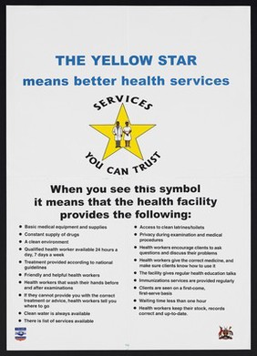 A yellow star bearing a male and female health worker: The Yellow Star care programme in Uganda. Colour lithograph, ca. 2001.