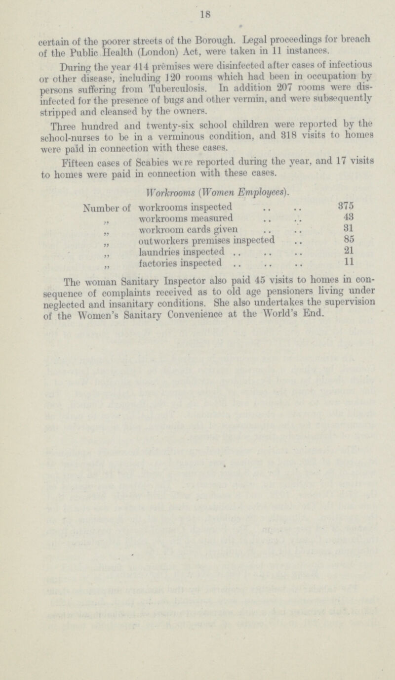 18 certain of the poorer streets of the Borough. Legal proceedings for breach of the Public Health (London) Act, were taken in 11 instances. During the year 414 premises were disinfected after cases of infectious or other disease, including 120 rooms which had been in occupation by persons suffering from Tuberculosis. In addition 207 rooms were dis infected for the presence of bugs and other vermin, and were subsequently stripped and cleansed by the owners. Three hundred and twenty-six school children were reported by the school-nurses to be in a verminous condition, and 318 visits to homes were paid in connection with these cases. Fifteen cases of Scabies were reported during the year, and 17 visits to homes were paid in connection with these cases. Workrooms (Women Employees). Number of workrooms inspected 875 „ workrooms measured 43 „ workroom cards given 31 „ outworkers premises inspected 85 „ laundries inspected 21 „ factories inspected 11 The woman Sanitary Inspector also paid 45 visits to homes in con sequence of complaints received as to old age pensioners living under neglected and insanitary conditions. She also undertakes the supervision of the Women's Sanitary Convenience at the World's End.