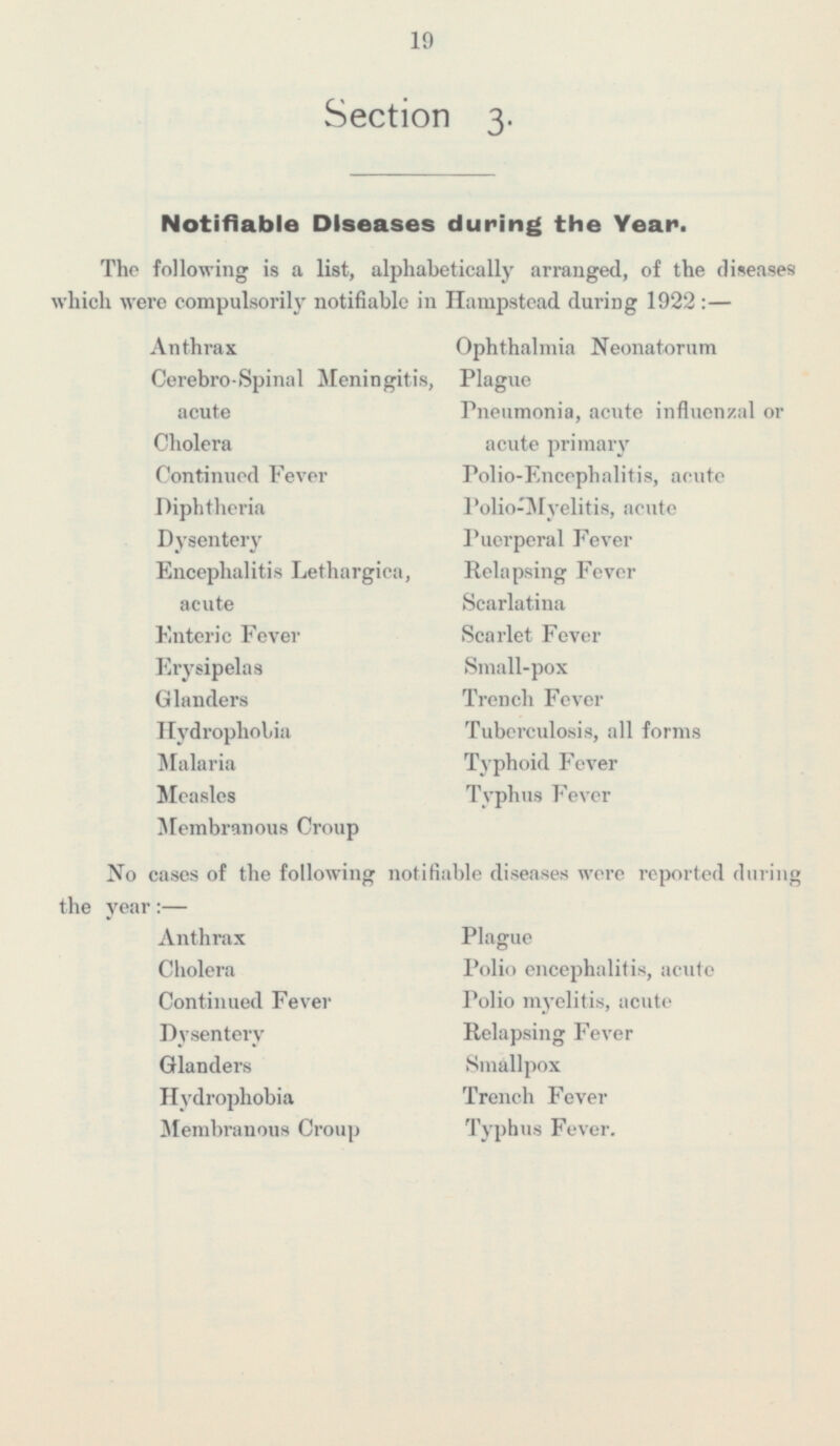 19 Section 3. Notifiable Diseases during the Year. The following is a list, alphabetically arranged, of the diseases which were compulsorily notifiable in Hampstead during 1922:— Anthrax Ophthalmia Neonatorum Cerebro-Spinal Meningitis, acute Plague Pneumonia, acute influenzal or acute primary Cholera Continued Fever Polio-Encephalitis, acute Polio-Myelitis, acute Diphtheria Dysentery Puerperal Fever Encephalitis Lethargica, acute Relapsing Fever Scarlatina Enteric Fever Scarlet Fever Erysipelas Small-pox Glanders Trench Fever Hydrophobia Tuberculosis, all forms Typhoid Fever Malaria Measles Typhus Fever Membranous Croup No cases of the following notifiable diseases were reported during the year : — Anthrax Plague Polio encephalitis, acute Cholera Polio myelitis, acute Continued Fever Relapsing Fever Dysentery Smallpox Glanders Trench Fever Hydrophobia Membranous Group Typhus Fever.