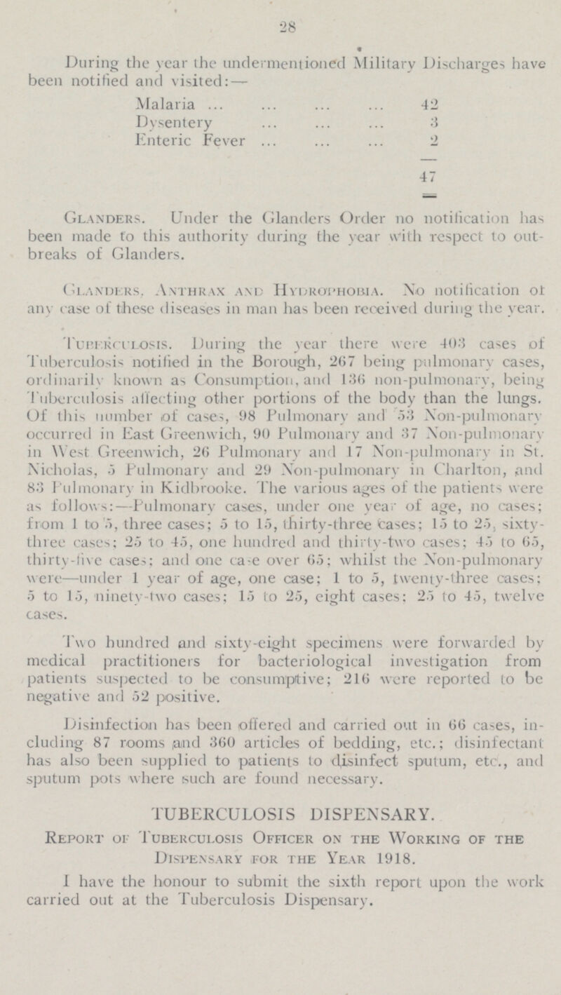 28 During the year the undermentioned Military Discharges have been notified and visited: — Malaria 42 Dysentery 3 Enteric Fever 2 47 Glanders. Under the Glanders Order no notification been made to this authority during the year with respect to out- breaks of Glanders. Glanders, Anthrax and Hydrophobia. No notification of any case of these diseases in man has been received during the year. Tuberculosis. During the year there were 403 cases of Tuberculosis notified in the Borough, 267 being pulmonary cases, ordinarily known as Consumption, and 136 non-pulmonary, being Tuberculosis affecting other portions of the body than the lungs. Of this number of cases, 98 Pulmonary and 53 Non-pulmonary occurred in East Greenwich, 90 Pulmonary and 37 Non-pulmonary in West Greenwich, 20 Pulmonary and 17 Non-pulmonary in St. Nicholas, 5 Pulmonary and 29 Non-pulmonary in Charlton, and 83 Pulmonary in Kidbrooke. The various ages of the patients were as follows: — Pulmonary cases, under one year of age, no cases; from 1 to '5, three cases; 5 to 15, thirty-three Cases; 15 to 25, sixty three cases; 25 to 4.5, one hundred and thirty-two cases; 45 to 65, thirty-five cases; and one case over 65; whilst the Non-pulmonary wen —under 1 year of age, one case; 1 to 5, twenty-three cases; 5 to 15, ninety-two cases; 15 to 25, eight cases: 25 to 45, twelve cases. Two hundred and sixty-eight specimens were forwarded by medical practitioners for bacteriological investigation from patients suspected to be consumptive; 216 were reported to be negative and 52 positive. Disinfection has been offered and carried out in 66 cases, in cluding 87 rooms (and 360 articles of bedding, etc.; disinfectant has also been supplied to patients to disinfect sputum, etc., and sputum pots where such are found necessary. TUBERCULOSIS DISPENSARY. Report of Tuberculosis Officer on the Working of the Dispensary for the Year 1918. I have the honour to submit the sixth report upon the work carried out at the Tuberculosis Dispensary.