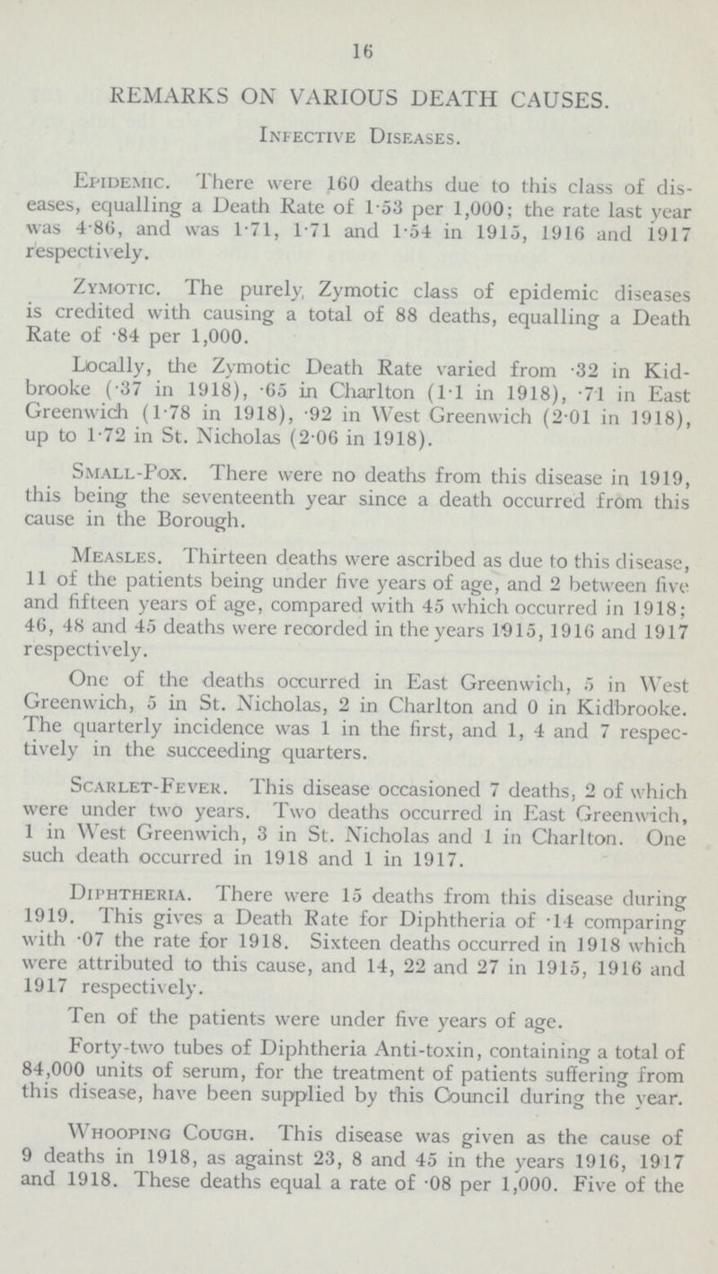 16 REMARKS ON VARIOUS DEATH CAUSES. Infective Diseases. Epidemic. There were 160 deaths due to this class of dis eases, equalling a Death Rate of 1.53 per 1,000; the rate last year was 4.86, and was 1.71, 1.71 and 1.54 in 1915, 1916 and 1917 respectively. Zymotic. The purely, Zymotic class of epidemic diseases is credited with causing a total of 88 deaths, equalling a Death Rate of 84 per 1,000. Locally, the Zymotic Death Rate varied from .32 in Kid brooke (.37 in 1918), .65 in Charlton (1.1 in 1918), .71 in East Greenwich (1.78 in 1918), .92 in West Greenwich (2.01 in 1918), up to 1.72 in St. Nicholas (2.06 in 1918). Small-Fox. There were no deaths from this disease in 1919, this being the seventeenth year since a death occurred from this cause in the Borough. Measles. Thirteen deaths were ascribed as due to this disease, 11 of the patients being under live years of age, and 2 between five and fifteen years of age, compared with 45 which occurred in 1918; 46, 48 and 45 deaths were recorded in the years 1915, 1916 and 1917 respectively. One of the deaths occurred in East Greenwich, 5 in West Greenwich, 5 in St. Nicholas, 2 in Charlton and 0 in Kidbrooke. The quarterly incidence was 1 in the first, and 1, 4 and 7 respec tively in the succeeding quarters. Scarlet-Fever. This disease occasioned 7 deaths, 2 of which were under two years. Two deaths occurred in East Greenwich, 1 in West Greenwich, 3 in St. Nicholas and 1 in Charlton. One such death occurred in 1918 and 1 in 1917. Diphtheria. There were 15 deaths from this disease during 1919. This gives a Death Rate for Diphtheria of .14 comparing with .07 the rate for 1918. Sixteen deaths occurred in 1918 which were attributed to this cause, and 14, 22 and 27 in 1915, 1916 and 1917 respectively. Ten of the patients were under five years of age. Forty-two tubes of Diphtheria Anti-toxin, containing a total of 84,000 units of serum, for the treatment of patients suffering from this disease, have been supplied by this Council during the year. Whooping Cough. This disease was given as the cause of 9 deaths in 1918, as against 23, 8 and 45 in the years 1916, 1917 and 1918. These deaths equal a rate of .08 per 1,000. Five of the