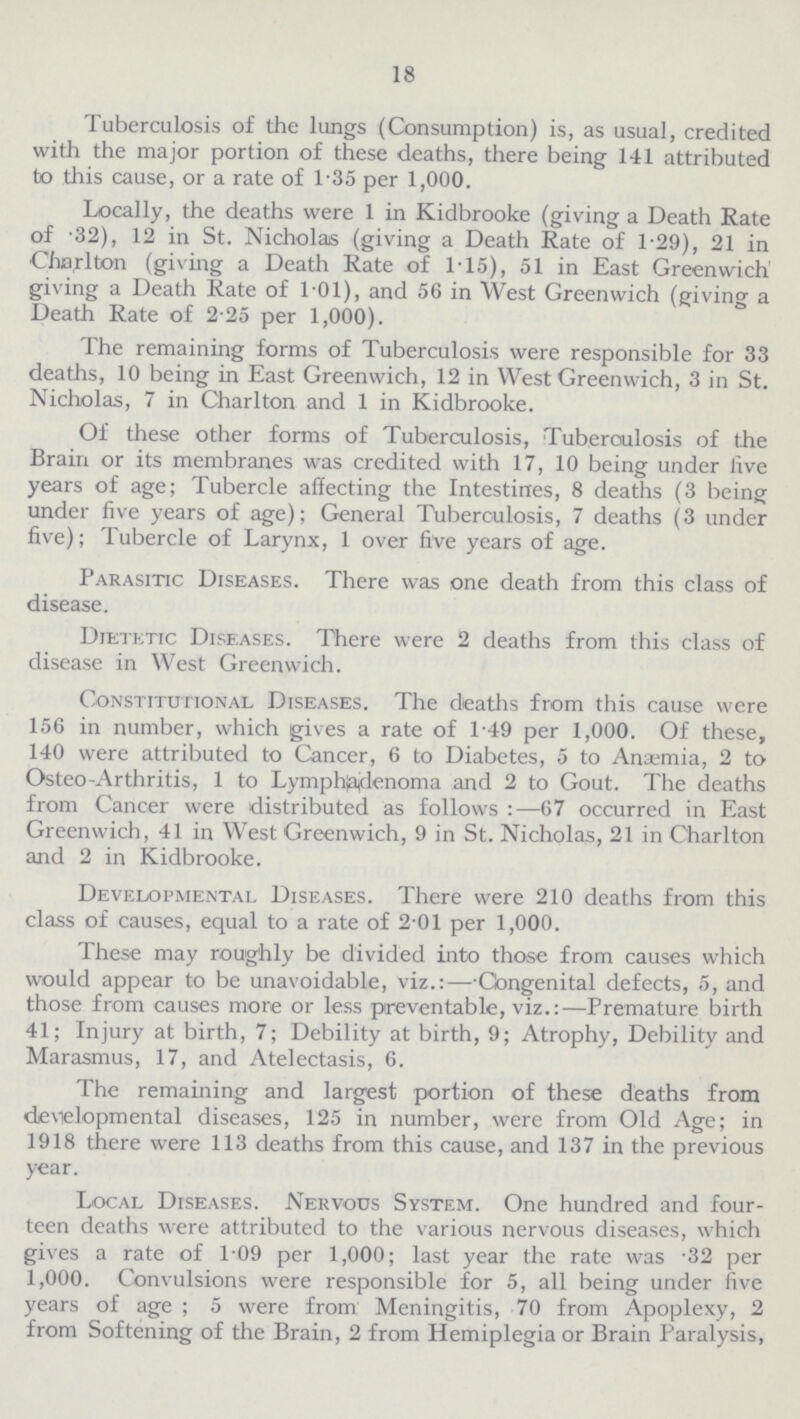 18 Tuberculosis of the lungs (Consumption) is, as usual, credited with the major portion of these deaths, there being 141 attributed to this cause, or a rate of 1.35 per 1,000. Locally, the deaths were 1 in Kidbrooke (giving a Death Rate of .32), 12 in St. Nicholas (giving a Death Rate of 1.29), 21 in Charlton (giving a Death Rate of 1.15), 51 in East Greenwich giving a Death Rate of 1.01), and 56 in West Greenwich (giving a Death Rate of 2.25 per 1,000). The remaining forms of Tuberculosis were responsible for 33 deaths, 10 being in East Greenwich, 12 in West Greenwich, 3 in St. Nicholas, 7 in Charlton and 1 in Kidbrooke. Of these other forms of Tuberculosis, Tuberculosis of the Brain or its membranes was credited with 17, 10 being under five years of age; Tubercle affecting the Intestines, 8 deaths (3 being under five years of age); General Tuberculosis, 7 deaths (3 under five); Tubercle of Larynx, 1 over five years of age. Parasitic Diseases. There was one death from this class of disease. Dietetic Diseases. There were 2 deaths from this class of disease in West Greenwich. Constitutional Diseases. The deaths from this cause were 156 in number, which gives a rate of 1.49 per 1,000. Of these, 140 were attributed to Cancer, 6 to Diabetes, 5 to Anaemia, 2 to Osteo-Arthritis, 1 to Lymphia^denoma and 2 to Gout. The deaths from Cancer were distributed as follows:—67 occurred in East Greenwich, 41 in West Greenwich, 9 in St. Nicholas, 21 in Charlton and 2 in Kidbrooke. Developmental Diseases. There were 210 deaths from this class of causes, equal to a rate of 2.01 per 1,000. These may roughly be divided into those from causes which would appear to be unavoidable, viz.:—-Congenital defects, 5, and those from causes more or less preventable, viz.:—Premature birth 41; Injury at birth, 7; Debility at birth, 9; Atrophy, Debility and Marasmus, 17, and Atelectasis, 6. The remaining and largest portion of these deaths from developmental diseases, 125 in number, were from Old Age; in 1918 there were 113 deaths from this cause, and 137 in the previous year. Local Diseases. Nervous System. One hundred and four teen deaths were attributed to the various nervous diseases, which gives a rate of 1.09 per 1,000; last year the rate was .32 per 1,000. Convulsions were responsible for 5, all being under five years of age; 5 were from Meningitis, 70 from Apoplexy, 2 from Softening of the Brain, 2 from Hemiplegia or Brain Paralysis,