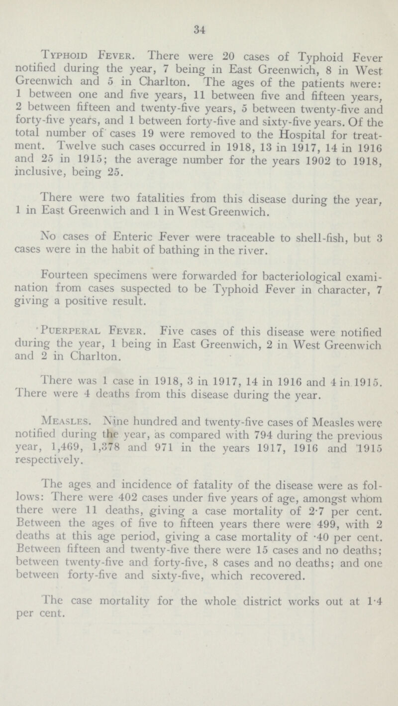 34 Typhoid Fever. There were 20 cases of Typhoid Fever notified during the year, 7 being in East Greenwich, 8 in West Greenwich and 5 in Charlton. The ages of the patients were: 1 between one and five years, 11 between five and fifteen years, 2 between fifteen and twenty-five years, 5 between twenty-five and forty-five years, and 1 between forty-five and sixty-five years. Of the total number of cases 19 were removed to the Hospital for treat ment. Twelve such cases occurred in 1918, 13 in 1917, 14 in 1916 and 25 in 1915; the average number for the years 1902 to 1918, inclusive, being 25. There were two fatalities from this disease during the year, 1 in East Greenwich and 1 in West Greenwich. No cases of Enteric Fever were traceable to shell-fish, but 3 cases were in the habit of bathing in the river. Fourteen specimens were forwarded for bacteriological exami nation from cases suspected to be Typhoid Fever in character, 7 giving a positive result. Puerperal Fever. Five cases of this disease were notified during the year, 1 being in East Greenwich, 2 in West Greenwich and 2 in Charlton. There was 1 case in 1918, 3 in 1917, 14 in 1916 and 4 in 1915. There were 4 deaths from this disease during the year. Measles. Nine hundred and twenty-five cases of Measles were notified during the year, as compared with 794 during the previous year, 1,469, 1,378 and 971 in the years 1917, 1916 and 1915 respectively. The ages and incidence of fatality of the disease were as fo lows: There were 402 cases under five years of age, amongst whom there were 11 deaths, giving a case mortality of 2.7 per cent. Between the ages of five to fifteen years there were 499, with 2 deaths at this age period, giving a case mortality of .40 per cent. Between fifteen and twenty-five there were 15 cases and no deaths; between twenty-five and forty-five, 8 cases and no deaths; and one between forty-five and sixty-five, which recovered. The case mortality for the whole district works out at 1.4 per cent.