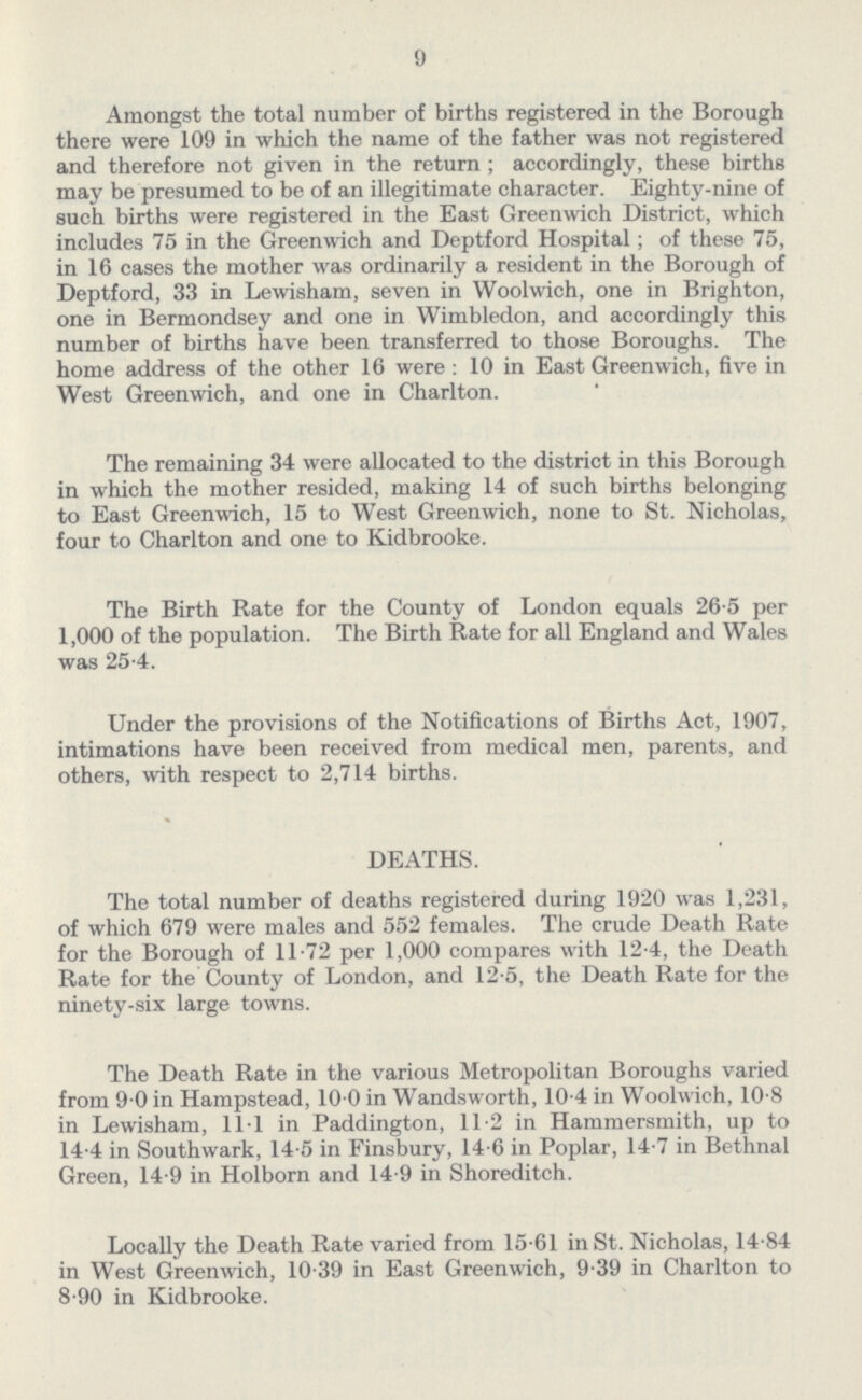 9 Amongst the total number of births registered in the Borough there were 109 in which the name of the father was not registered and therefore not given in the return; accordingly, these births may be presumed to be of an illegitimate character. Eighty-nine of such births were registered in the East Greenwich District, which includes 75 in the Greenwich and Deptford Hospital; of these 75, in 16 cases the mother was ordinarily a resident in the Borough of Deptford, 33 in Lewisham, seven in Woolwich, one in Brighton, one in Bermondsey and one in Wimbledon, and accordingly this number of births have been transferred to those Boroughs. The home address of the other 16 were: 10 in East Greenwich, five in West Greenwich, and one in Charlton. The remaining 34 were allocated to the district in this Borough in which the mother resided, making 14 of such births belonging to East Greenwich, 15 to West Greenwich, none to St. Nicholas, four to Charlton and one to Kidbrooke. The Birth Rate for the County of London equals 26.5 per 1,000 of the population. The Birth Rate for all England and Wales was 25.4. Under the provisions of the Notifications of Births Act, 1907, intimations have been received from medical men, parents, and others, with respect to 2,714 births. DEATHS. The total number of deaths registered during 1920 was 1,231, of which 679 were males and 552 females. The crude Death Rate for the Borough of 11.72 per 1,000 compares with 12.4, the Death Rate for the County of London, and 12.5, the Death Rate for the ninety-six large towns. The Death Rate in the various Metropolitan Boroughs varied from 9.0 in Hampstead, 10.0 in Wandsworth, 10.4 in Woolwich, 10.8 in Lewisham, 11.1 in Paddington, 11.2 in Hammersmith, up to 14.4 in Southwark, 14.5 in Finsbury, 14.6 in Poplar, 14.7 in Bethnal Green, 14.9 in Holborn and 14.9 in Shoreditch. Locally the Death Rate varied from 15.61 in St. Nicholas, 14.84 in West Greenwich, 10.39 in East Greenwich, 9.39 in Charlton to 8.90 in Kidbrooke.