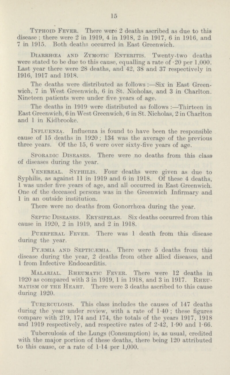 15 Typhoid Fever. There were 2 deaths ascribed as due to this disease; there were 2 in 1919, 4 in 1918, 2 in 1917, 6 in 1916, and 7 in 1915. Both deaths occurred in East Greenwich. Diarrhæa and Zymotic Enteritis. Twenty-two deaths were stated to be due to this cause, equalling a rate of .20 per 1,000. Last year there were 28 deaths, and 42, 38 and 37 respectively in 1916, 1917 and 1918. The deaths were distributed as follows:—Six in East Green wich, 7 in West Greenwich, 6 in St. Nicholas, and 3 in Charlton. Nineteen patients were under five years of age. The deaths in 1919 were distributed as follows:—Thirteen in East Greenwich, 6 in West Greenwich, 6 in St. Nicholas, 2 in Charlton and 1 in Kidbrooke. Influenza. Influenza is found to have been the responsible cause of 15 deaths in 1920; 134 was the average of the previous three years. Of the 15, 6 were over sixty-five years of age. Sporadic Diseases. There were no deaths from this class of diseases during the year. Venereal. Syphilis. Four deaths were given as due to Syphilis, as against 11 in 1919 and 6 in 1918. Of these 4 deaths, 1 was under five years of age, and all occurred in East Greenwich. One of the deceased persons was in the Greenwich Infirmary and 1 in an outside institution. There were no deaths from Gonorrhoea during the year. Septic Diseases. Erysipelas. Six deaths occurred from this cause in 1920, 2 in 1919, and 2 in 1918. Puerperal Fever. There was 1 death from this disease during the year. Pyæmia and Septicæmia. There were 5 deaths from this disease during the year, 2 deaths from other allied diseases, and 1 from Infective Endocarditis. Malarial. Rheumatic Fever. There were 12 deaths in 1920 as compared with 3 in 1919, 1 in 1918, and 3 in 1917. Rheu matism of the Heart. There were 3 deaths ascribed to this cause during 1920. Tuberculosis. This class includes the causes of 147 deaths during the year under review, with a rate of 1.40; these figures compare with 219, 174 and 174, the totals of the years 1917, 1918 and 1919 respectively, and respective rates of 2.42, 1.90 and 1.66. Tuberculosis of the Lungs (Consumption) is, as usual, credited with the major portion of these deaths, there being 120 attributed to this cause, or a rate of 1.14 per 1,000.