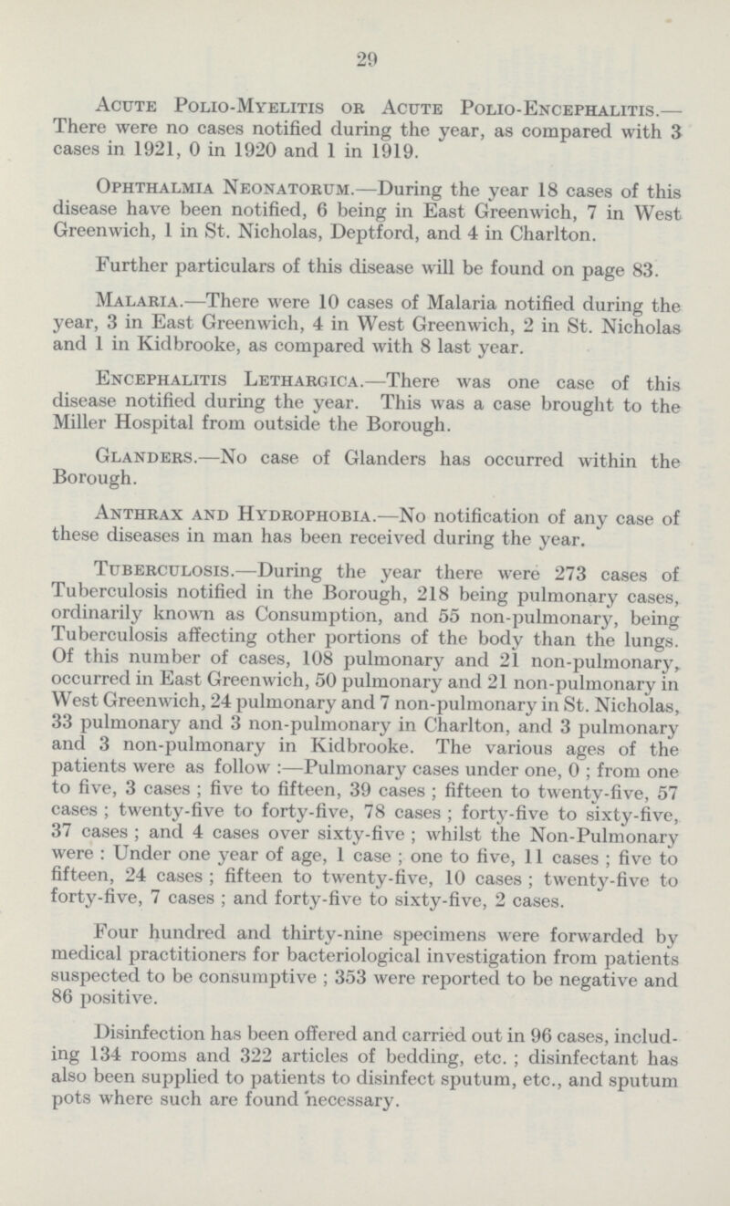 29 Acute Polio-Myelitis or Acute Polio-Encephalitis.— There were no cases notified during the year, as compared with 3 cases in 1921, 0 in 1920 and 1 in 1919. Ophthalmia Neonatorum.—During the year 18 cases of this disease have been notified, 6 being in East Greenwich, 7 in West Greenwich, 1 in St. Nicholas, Deptford, and 4 in Charlton. Further particulars of this disease will be found on page 83. Malaria.—There were 10 cases of Malaria notified during the year, 3 in East Greenwich, 4 in West Greenwich, 2 in St. Nicholas and 1 in Kidbrooke, as compared with 8 last year. Encephalitis Lethargica.—There was one case of this disease notified during the year. This was a case brought to the Miller Hospital from outside the Borough. Glanders.—No case of Glanders has occurred within the Borough. Anthrax and Hydrophobia.—No notification of any case of these diseases in man has been received during the year. Tuberculosis.—During the year there were 273 cases of Tuberculosis notified in the Borough, 218 being pulmonary cases, ordinarily known as Consumption, and 55 non-pulmonary, being Tuberculosis affecting other portions of the body than the lungs. Of this number of cases, 108 pulmonary and 21 non-pulmonary, occurred in East Greenwich, 50 pulmonary and 21 non-pulmonary in West Greenwich, 24 pulmonary and 7 non-pulmonary in St. Nicholas, 33 pulmonary and 3 non-pulmonary in Charlton, and 3 pulmonary and 3 non-pulmonary in Kidbrooke. The various ages of the patients were as follow :—Pulmonary cases under one, 0; from one to five, 3 cases; five to fifteen, 39 cases; fifteen to twenty-five, 57 cases; twenty-five to forty-five, 78 cases; forty-five to sixty-five, 37 cases; and 4 cases over sixty-five; whilst the Non-Pulmonary were: Under one year of age, 1 case; one to five, 11 cases; five to fifteen, 24 cases; fifteen to twenty-five, 10 cases; twenty-five to forty-five, 7 cases; and forty-five to sixty-five, 2 cases. Four hundred and thirty-nine specimens were forwarded by medical practitioners for bacteriological investigation from patients suspected to be consumptive ; 353 were reported to be negative and 86 positive. Disinfection has been offered and carried out in 96 cases, includ ing 134 rooms and 322 articles of bedding, etc.; disinfectant has also been supplied to patients to disinfect sputum, etc., and sputum pots where such are found necessary.