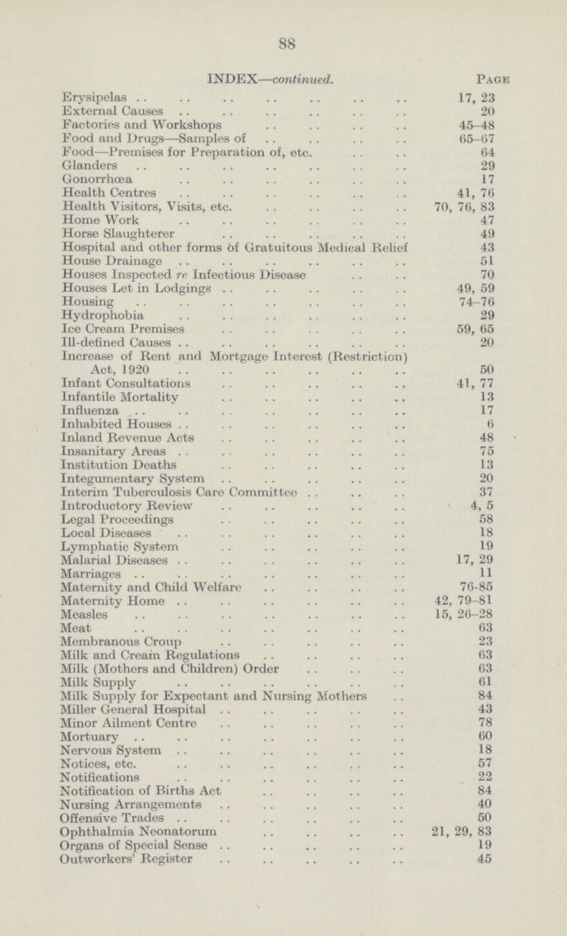 88 INDEX—continued. Page Erysipelas 17, 23 External Causes 20 Factories and Workshops 45-48 Food and Drugs—Samples of 65-67 Food—Premises for Preparation of, etc. 64 Glanders 29 Gonorrhoea 17 Health Centres 41, 70 Health Visitors, Visits, etc. 70, 76, 83 Home Work 47 Horse Slaughterer 49 Hospital and other forms 6f Gratuitous Medical Relief 43 House Drainage 51 Houses Inspected re Infectious Disease 70 Houses Let in Lodgings 49, 59 Housing 74-76 Hydrophobia 29 Ice Cream Premises 59, 65 Ill-defined Causes 20 Increase of Rent and Mortgage Interest (Restriction) Act, 1920 50 Infant Consultations 41, 77 Infantile Mortality 13 Influenza 17 Inhabited Houses 6 Inland Revenue Acts 48 Insanitary Areas 75 Institution Deaths 13 Integumentary System 20 Interim Tuberculosis Care Committee 37 Introductory Review 4, 5 Legal Proceedings 58 Local Diseases 18 Lymphatic System 19 Malarial Diseases 17, 29 Marriages 11 Maternity and Child Welfare 76-85 Maternity Home 42, 79-81 Measles 15, 26-28 Meat 63 Membranous Croup 23 Milk and Cream Regulations 63 Milk (Mothers and Children) Order 63 Milk Supply 61 Milk Supply for Expectant and Nursing Mothers 84 Miller General Hospital 43 Minor Ailment Centre 78 Mortuary 60 Nervous System 18 Notices, etc. 57 Notifications 22 Notification of Births Act 84 Nursing Arrangements 40 Offensive Trades 50 Ophthalmia Neonatorum 21, 29, 83 Organs of Special Sense 19 Outworkers' Register 45