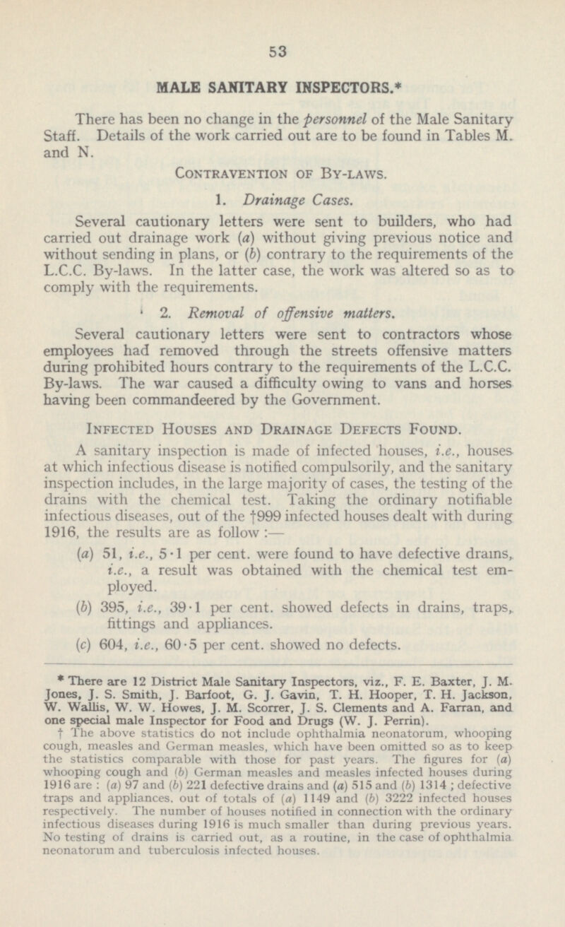 MALE SANITARY INSPECTORS.* There has been no change in the personnel of the Male Sanitary- Staff. Details of the work carried out are to be found in Tables M. and N. Contravention of By-laws. 1. Drainage Cases. Several cautionary letters were sent to builders, who had carried out drainage work (a) without giving previous notice and without sending in plans, or (b) contrary to the requirements of the L.C.C. By-laws. In the latter case, the work was altered so as to comply with the requirements. 2. Removal of offensive matters. Several cautionary letters were sent to contractors whose employees had removed through the streets offensive matters during prohibited hours contrary to the requirements of the L.C.C. By-laws. The war caused a difficulty owing to vans and horses having been commandeered by the Government. Infected Houses and Drainage Defects Found. A sanitary inspection is made of infected houses, i.e., houses at which infectious disease is notified compulsorily, and the sanitary inspection includes, in the large majority of cases, the testing of the drains with the chemical test. Taking the ordinary notifiable infectious diseases, out of the †999 infected houses dealt with during 1916, the results are as follow :— (a) 51, i.e., 5.1 per cent, were found to have defective drams, i.e., a result was obtained with the chemical test em ployed. (b) 395, i.e., 39.1 per cent, showed defects in drains, traps,, fittings and appliances. (c) 604, i.e., 60.5 per cent, showed no defects. *There are 12 District Male Sanitary Inspectors, viz., F. E. Baxter, J. M. Jones, J. S. Smith, J. Barfoot, G. J. Gavin, T. H. Hooper, T. H. Jackson, W. Wallis, W. W. Howes, J. M. Scorrer, J. S. Clements and A. Farran, and one special male Inspector for Food and Drugs (W. J. Perrin). † The above statistics do not include ophthalmia neonatorum, whooping cough, measles and German measles, which have been omitted so as to keep the statistics comparable with those for past years. The figures for (a) whooping cough and <b) German measles and measles infected houses during 1916 are : (a) 97 and (b) 221 defective drains and (a) 515 and (b) 1314 ; defective traps and appliances, out of totals of (a) 1149 and (6) 3222 infected houses respectively. The number of houses notified in connection with the ordinary infectious diseases during 1916 is much smaller than during previous years. No testing of drains 1 out, as a routine, in the case of ophthalmia neonatorum and tuberculosis infected houses.