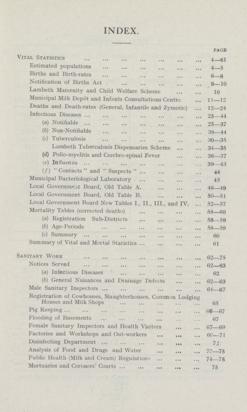 INDEX. PAGE Vital Statistics 4—61 Estimated populations 4—5 Births and Birth-rates 6—8 Notification of Births Act 9—10 Lambeth Maternity and Child Welfare Scheme 10 Municipal Milk Depot and Infants Consultations Centre 11 —12 Deaths and Death-rates (General, Infantile and Zymotic) 12—24 Infectious Diseases 25—44 (a) Notifiable 25—37 (b) Non-Notifiable 38—44 (c) Tuberculosis 30—35 Lambeth Tuberculosis Dispensaries Scheme 34—35 (d) Polio-myelitis and Cerebro-spinal Fever 36—37 (e) Influenza 39—43 (f)  Contacts  and  Suspects  44 Municipal Bacteriological Laboratory 45 Local Government Board, Old Table A. 46—49 Local Government Board, Old Table B. 50—51 Local Government Board New Tables I., II., III., and IV. 52—57 Mortality Tables (corrected deaths) 58—60 (а) Registration Sub-Districts 58—59 (b) Age-Periods 58—59 (c) Summary 60 Summary of Vital and Mortal Statistics 61 Sanitary Work 62—75 Notices Served 62—63 (a) Infectious Diseases 62 (b) General Nuisances and Drainage Defects 62—63 Male Sanitary Inspectors 64-67 Registration of Cowhouses, Slaughterhouses, Common Lodging Houses and Milk Shops 65 Pig Keeping 66—67 Flooding of Basements 67 Female Sanitary Inspectors and Health Visitors 67—69 Factories and Workshops and Out-workers 67—71 Disinfecting Department 72 Aalysis of Food and Drugs and Water 72—75 Public Health (Milk and Cream) Regulations 74—75 Mortuaries and Coroners' Courts 75