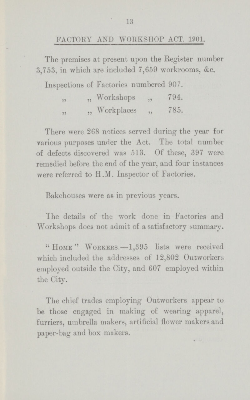 13 FACTORY AND WORKSHOP ACT. 1901. The premises at present upon the Register number 3,753, in which are included 7,659 workrooms, &c. Inspections of Factories numbered 907. „ „ Workshops ,, 794. „ ,, Workplaces ,, 785. There were 268 notices served during the year for various purposes under the Act. The total number of defects discovered was 513. Of these, 397 were remedied before the end of the year, and four instances were referred to H.M. Inspector of Factories. Bakehouses were as in previous years. The details of the work done in Factories and Workshops does not admit of a satisfactory summary. Home Workers.—1,395 lists were received which included the addresses of 12,802 Outworkers employed outside the City, and 607 employed within the City. The chief trades employing Outworkers appear to be those engaged in making of wearing apparel, furriers, umbrella makers, artificial flower makers and paper-bag and box makers.