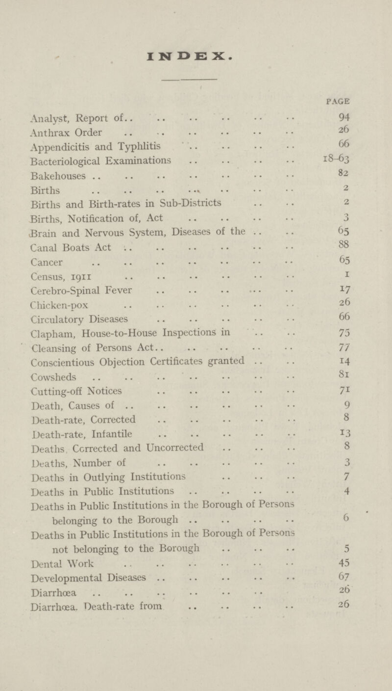 index. page Analyst, Report of 94 Anthrax Order 26 Appendicitis and Typhlitis 66 Bacteriological Examinations 18-63 Bakehouses 82 Births 2 Births and Birth-rates in Sub-Districts 2 Births, Notification of, Act 3 Brain and Nervous System, Diseases of the 65 Canal Boats Act 88 Cancer 65 Census, 1911 1 Cerebro-Spinal Fever 17 Chicken-pox 26 Circulatory Diseases 66 Clapham, House-to-House Inspections in 75 Cleansing of Persons Act 77 Conscientious Objection Certificates granted 14 Cowsheds 81 Cutting-off Notices 71 Death, Causes of 9 Death-rate, Corrected 8 Death-rate, Infantile 13 Deaths, Corrected and Uncorrected 8 Deaths, Number of 3 Deaths in Outlying Institutions 7 Deaths in Public Institutions 4 Deaths in Public Institutions in the Borough of Persons belonging to the Borough 6 Deaths in Public Institutions in the Borough of Persons not belonging to the Borough 5 Dental Work 45 Developmental Diseases 67 Diarrhœa 26 Diarrhoea. Death-rate from 26