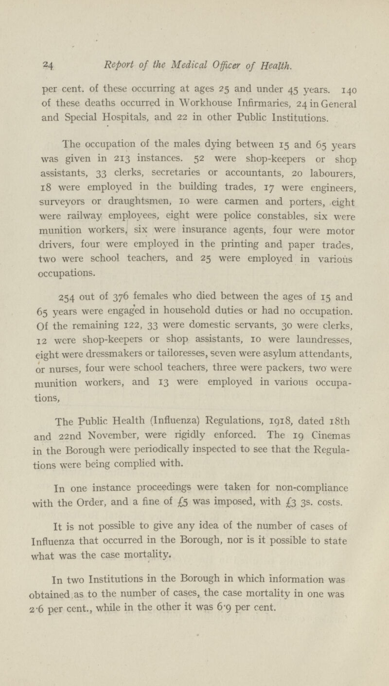 24 Report of the Medical Officer of Health. per cent. of these occurring at ages 25 and under 45 years. 140 of these deaths occurred in Workhouse Infirmaries, 24 in General and Special Hospitals, and 22 in other Public Institutions. The occupation of the males dying between 15 and 65 years was given in 213 instances. 52 were shop-keepers or shop assistants, 33 clerks, secretaries or accountants, 20 labourers, 18 were employed in the building trades, 17 were engineers, surveyors or draughtsmen, 10 were carmen and porters, eight were railway employees, eight were police constables, six were munition workers, six were insurance agents, four were motor drivers, four were employed in the printing and paper trades, two were school teachers, and 25 were employed in various occupations. 254 out of 376 females who died between the ages of 15 and 65 years were engaged in household duties or had no occupation. Of the remaining 122,33 were domestic servants, 30 were clerks, 12 were shop-keepers or shop assistants, 10 were laundresses, eight were dressmakers or tailoresses, seven were asylum attendants, or nurses, four were school teachers, three were packers, two were munition workers, and 13 were employed in various occupa tions, The Public Health (Influenza) Regulations, 1918, dated 18th and 22nd November, were rigidly enforced. The 19 Cinemas in the Borough were periodically inspected to see that the Regula tions were being complied with. In one instance proceedings were taken for non-compliance with the Order, and a fine of £5 was imposed, with £3 3s. costs. It is not possible to give any idea of the number of cases of Influenza that occurred in the Borough, nor is it possible to state what was the case mortality. In two Institutions in the Borough in which information was obtained as to the number of cases, the case mortality in one was 2.6 per cent., while in the other it was 6.9 per cent.