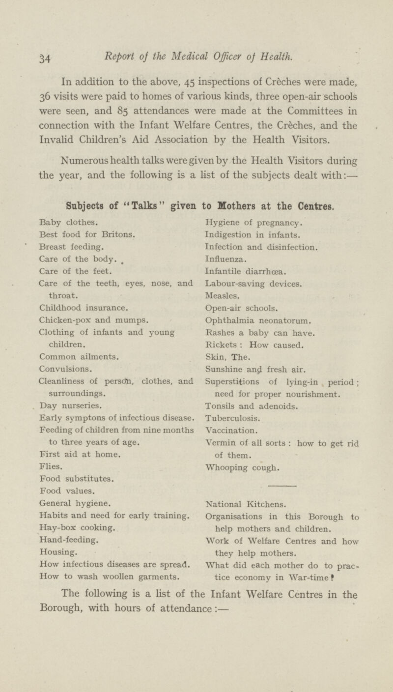 34 Report of the Medical Officer of Health. In addition to the above, 45 inspections of Creches were made, 36 visits were paid to homes of various kinds, three open-air schools were seen, and 85 attendances were made at the Committees in connection with the Infant Welfare Centres, the Creches, and the Invalid Children's Aid Association by the Health Visitors. Numerous health talks were given by the Health Visitors during the year, and the following is a list of the subjects dealt with:— Subjects of Talks given to Mothers at the Centres. Baby clothes. Best food for Britons. Breast feeding. Care of the body. Care of the feet. Care of the teeth, eyes, nose, and throat. Childhood insurance. Chicken-pox and mumps. Clothing of infants and young children. Common ailments. Convulsions. Cleanliness of person, clothes, and surroundings. Day nurseries. Early symptons of infectious disease Feeding of children from nine months to three years of age. First aid at home. Flies. Food substitutes. Food values. General hygiene. Habits and need for early training. Hay-box cooking. Hand-feeding. Housing. How infectious diseases are spread. How to wash woollen garments. Hygiene of pregnancy. Indigestion in infants. Infection and disinfection. Influenza. Infantile diarrhœa. Labour-saving devices. Measles. Open-air schools. Ophthalmia neonatorum. Rashes a baby can have. Rickets : How caused. Skin, The. Sunshine and fresh air. Superstitions of lying-in period ; need for proper nourishment. Tonsils and adenoids. Tuberculosis. Vaccination. Vermin of all sorts : how to get rid of them. Whooping cough. National Kitchens. Organisations in this Borough to help mothers and children. Work of Welfare Centres and how they help mothers. What did each mother do to prac tice economy in War-time ? The following is a list of the Infant Welfare Centres in the Borough, with hours of attendance:—