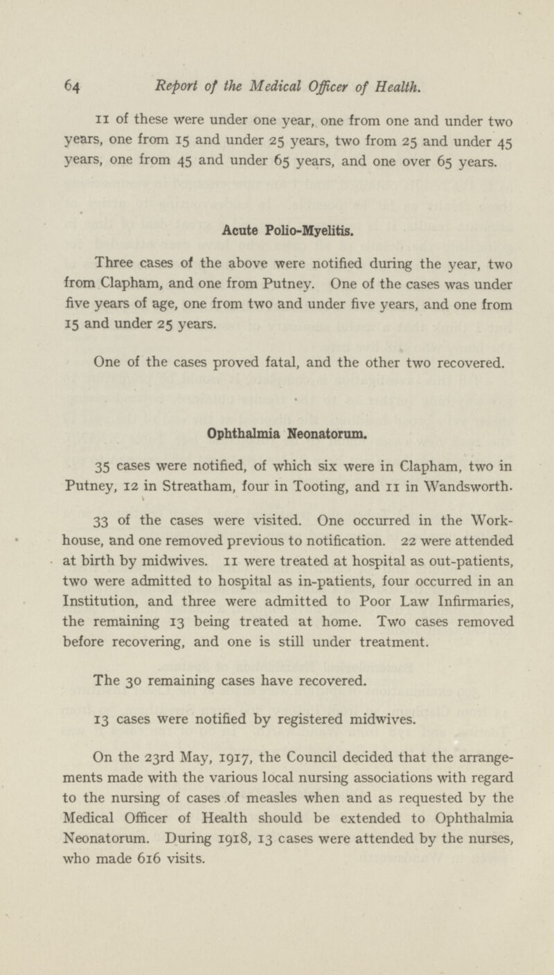 64 Report of the Medical Officer of Health. ii of these were under one year, one from one and under two years, one from 15 and under 25 years, two from 25 and under 45 years, one from 45 and under 65 years, and one over 65 years. Acute Polio-Myelitis. Three cases of the above were notified during the year, two from Clapham, and one from Putney. One of the cases was under five years of age, one from two and under five years, and one from 15 and under 25 years. One of the cases proved fatal, and the other two recovered. Ophthalmia Neonatorum. 35 cases were notified, of which six were in Clapham, two in Putney, 12 in Streatham, four in Tooting, and 11 in Wandsworth. 33 of the cases were visited. One occurred in the Work house, and one removed previous to notification. 22 were attended at birth by midwives. 11 were treated at hospital as out-patients, two were admitted to hospital as in-patients, four occurred in an Institution, and three were admitted to Poor Law Infirmaries, the remaining 13 being treated at home. Two cases removed before recovering, and one is still under treatment. The 30 remaining cases have recovered. 13 cases were notified by registered midwives. On the 23rd May, 1917, the Council decided that the arrange ments made with the various local nursing associations with regard to the nursing of cases of measles when and as requested by the Medical Officer of Health should be extended to Ophthalmia Neonatorum. During 1918, 13 cases were attended by the nurses, who made 616 visits.